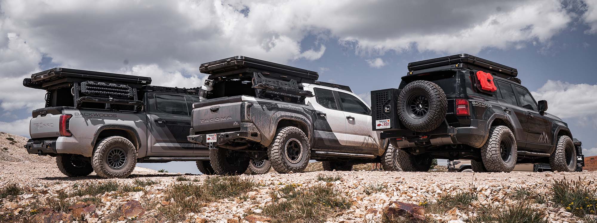 a toyota tundra, a 2024 toyota tacoma, and a 2024 land cruiser 250 parked beside each other showing off the rear bumpers.