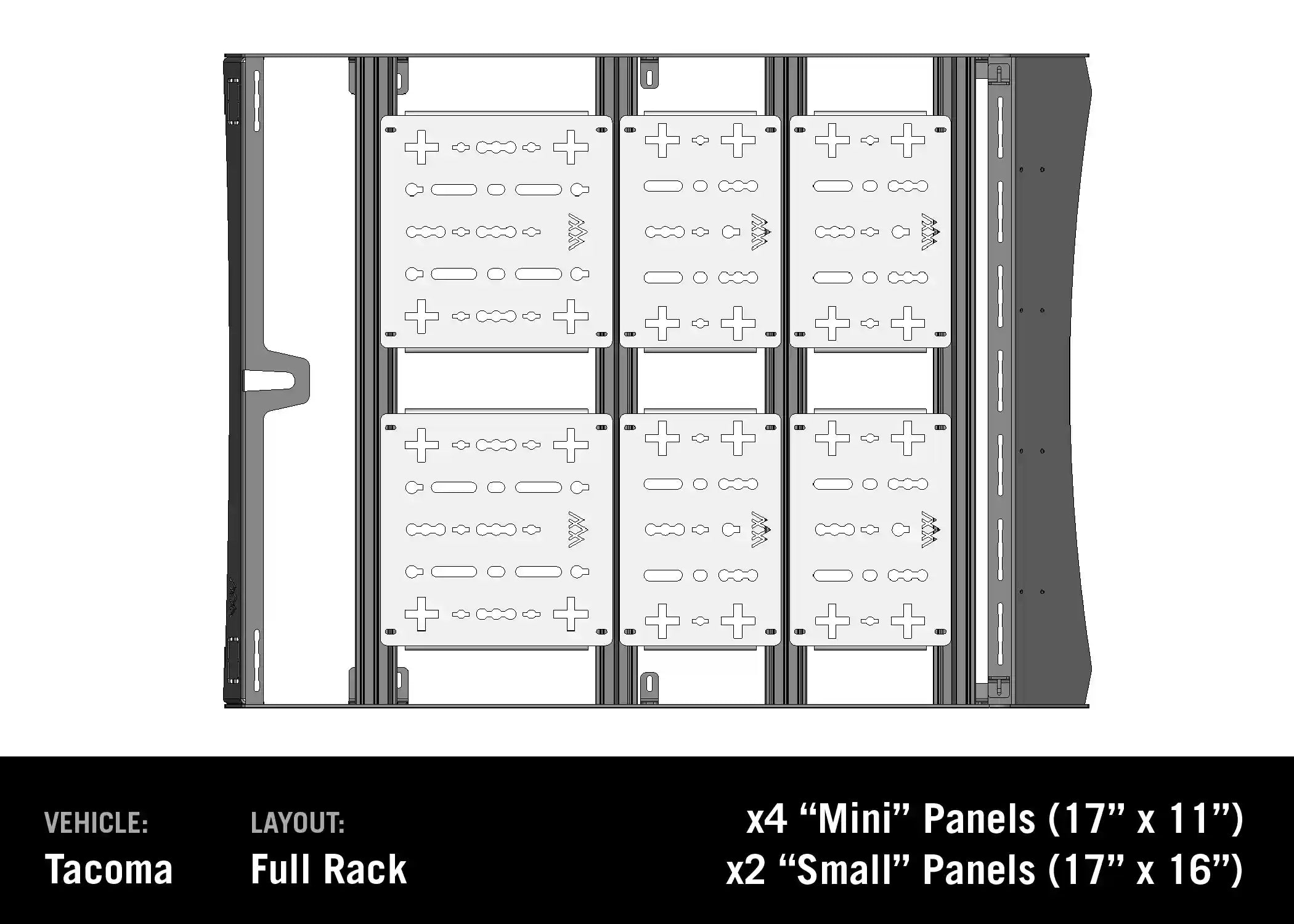 Diagram showing the optional deck panel accessory layout for the Backwoods Adventure Mods 2005-2023 2nd and 3rd Gen Toyota Tacoma DRIFTR Roof Rack