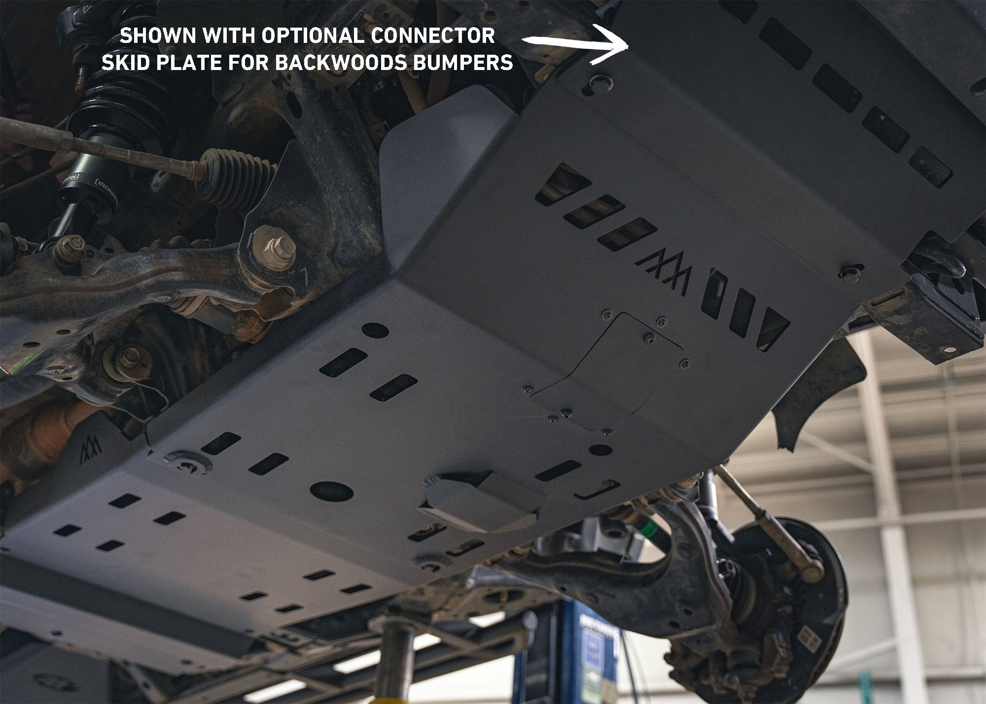 Backwoods Adventure Mods Aluminum 2nd and 3rd Gen Toyota Tacoma Skid Plate Kit installed with optional Front Bumper Connector Plate