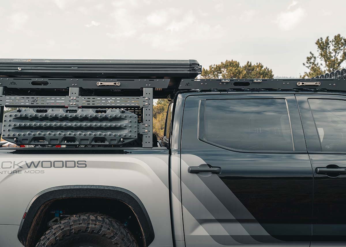 Backwoods Adventure Mods DRIFTR roof rack cargo carrier and bed rack installed on a 3rd Gen Toyota Tundra overland truck build