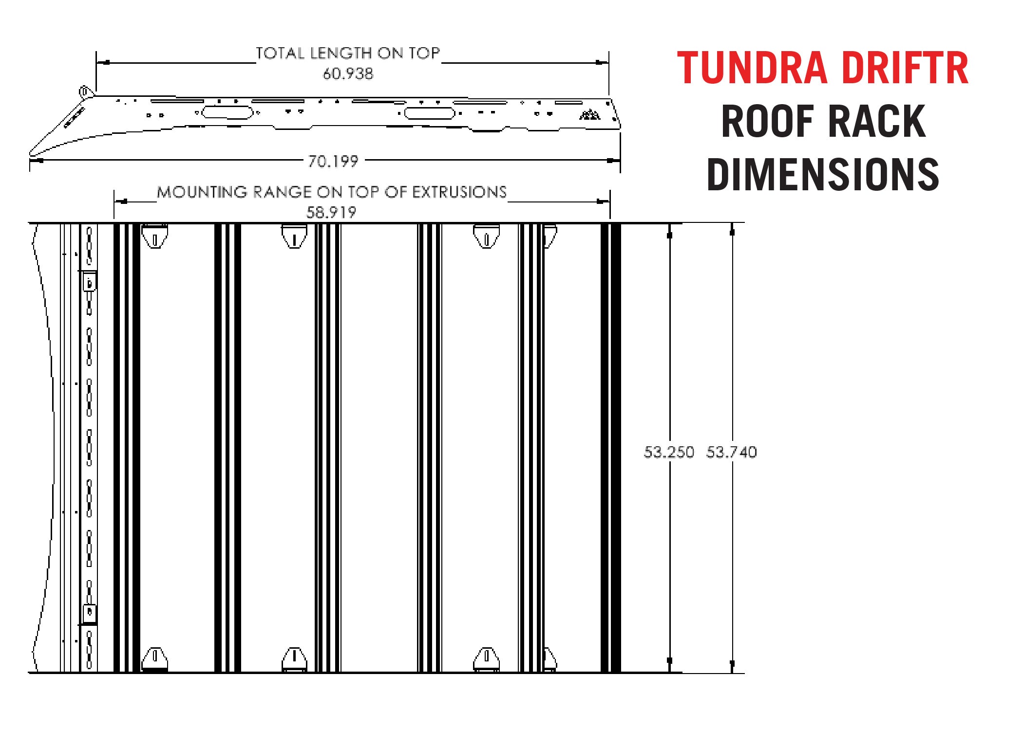 Diagram showing the dimensions of the 3rd Gen Toyota Tundra DRIFTR roof rack by Backwoods Adventure Mods