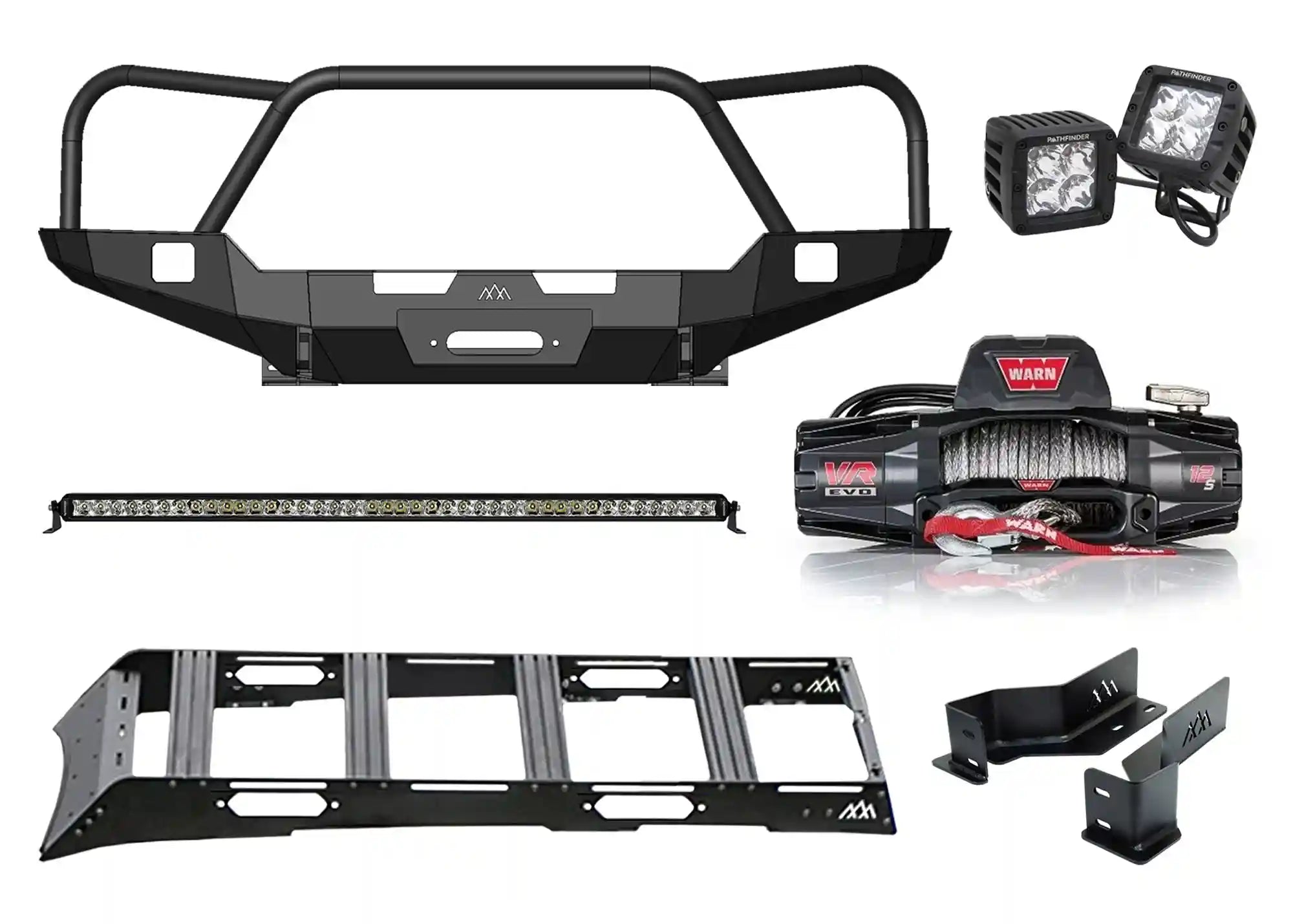 Backwoods Adventure Mods 3rd Gen Toyota Tacoma Essentials Off Road Kit bundle including Front Bumper, Warn VR Evo 12s Winch, DRIFTR roof rack, heavy-duty frame brackets, and Pathfinder Off Road Lights