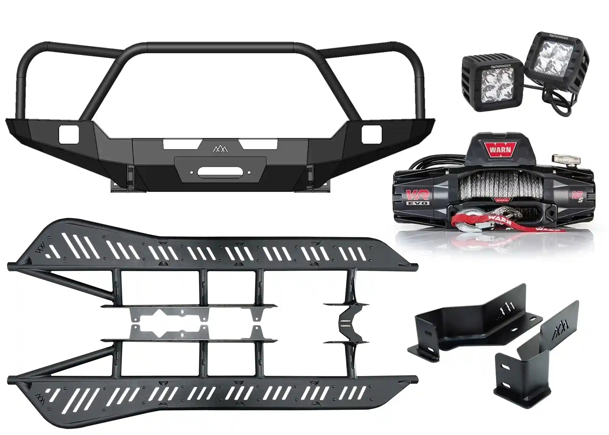 Backwoods Adventure Mods 3rd Gen Toyota Tacoma Trail-Ready Off Road Kit bundle including Front Bumper, Rock Sliders, Warn VR Evo 12s Winch, heavy-duty frame brackets, and Pathfinder Off Road Lights