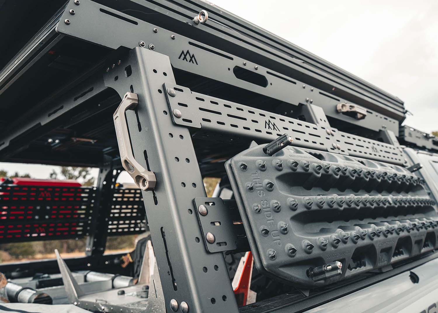 Image showing the hardware and adjustability of the Backwoods Adventure Mods Full Height 3rd Gen Toyota Tundra Truck Bed Rack