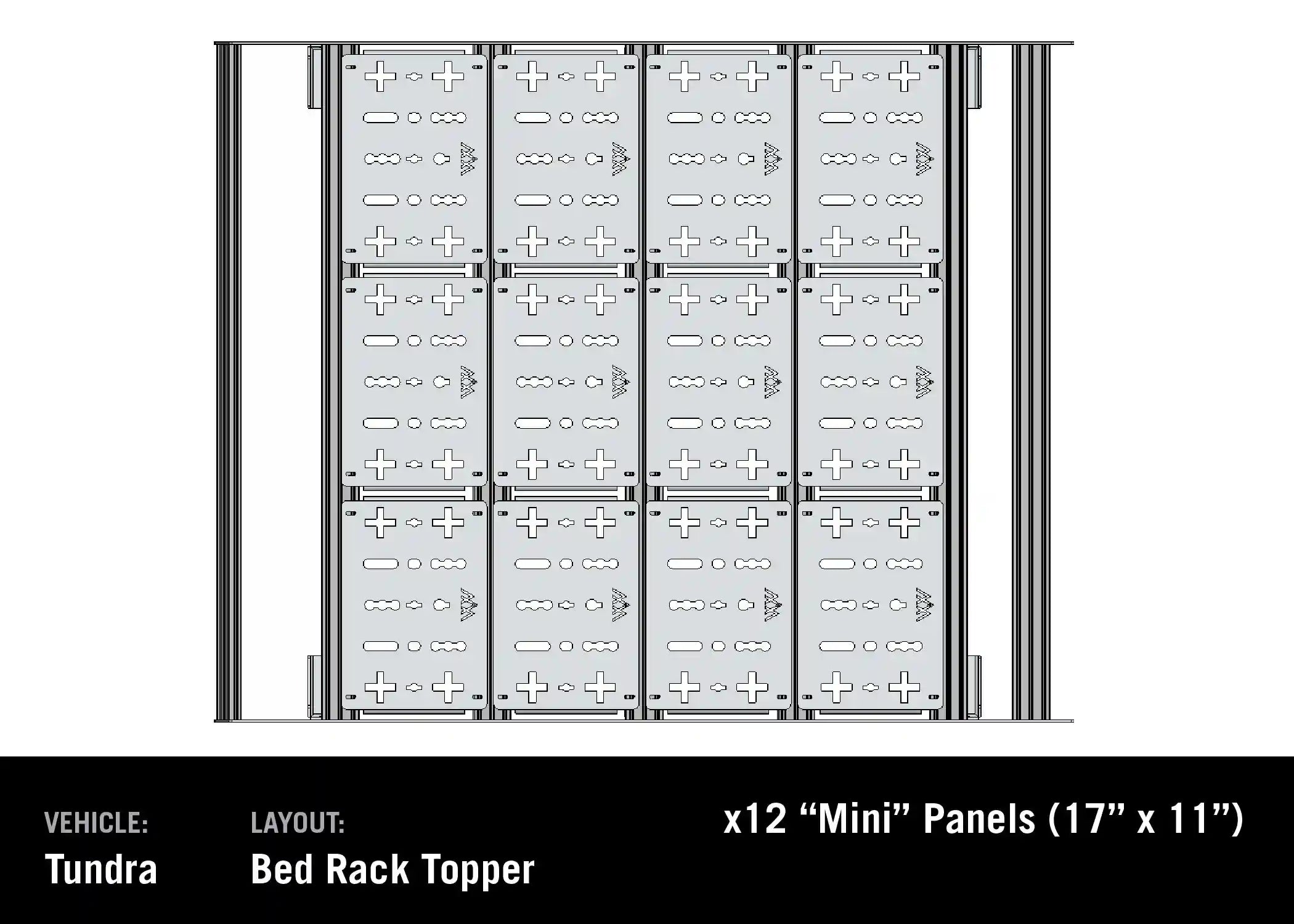 Diagram showing deck panel storage accessories for the Backwoods Adventure Mods Bed Rack DRIFTR Topper cargo carrier add-on for 2022+ 3rd Gen Toyota Tundra truck bed rack