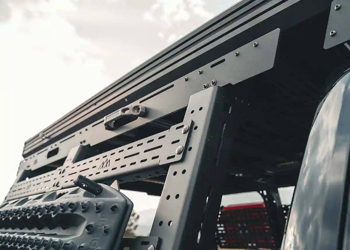 Front of the Backwoods Adventure Mods Bed Rack DRIFTR Topper cargo carrier add-on installed on a 2022+ 3rd Gen Toyota Tundra bed rack