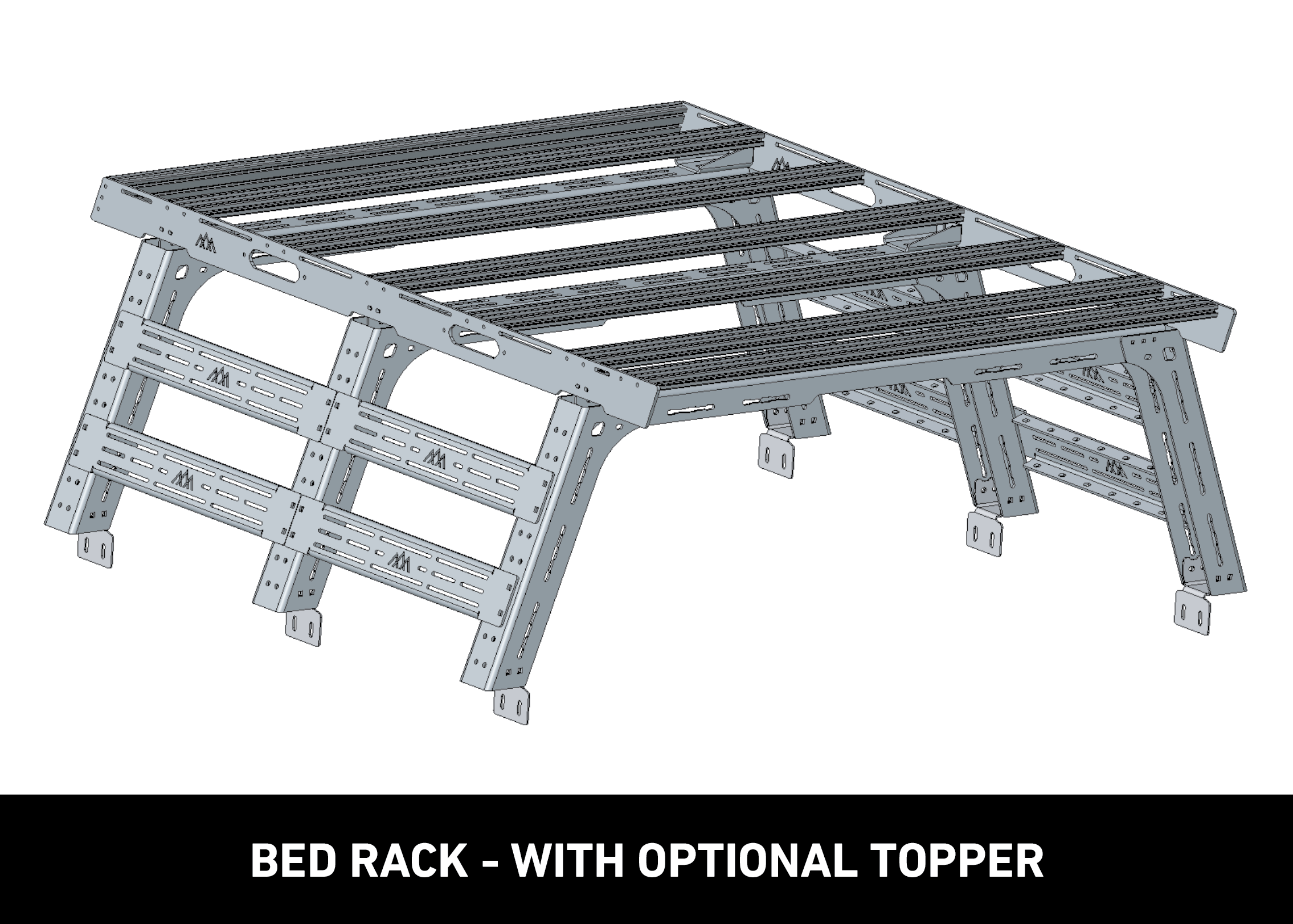 Diagram showing Backwoods Adventure Mods 2022+ 3rd Gen Toyota Tundra Bed Rack with optional topper rack installed