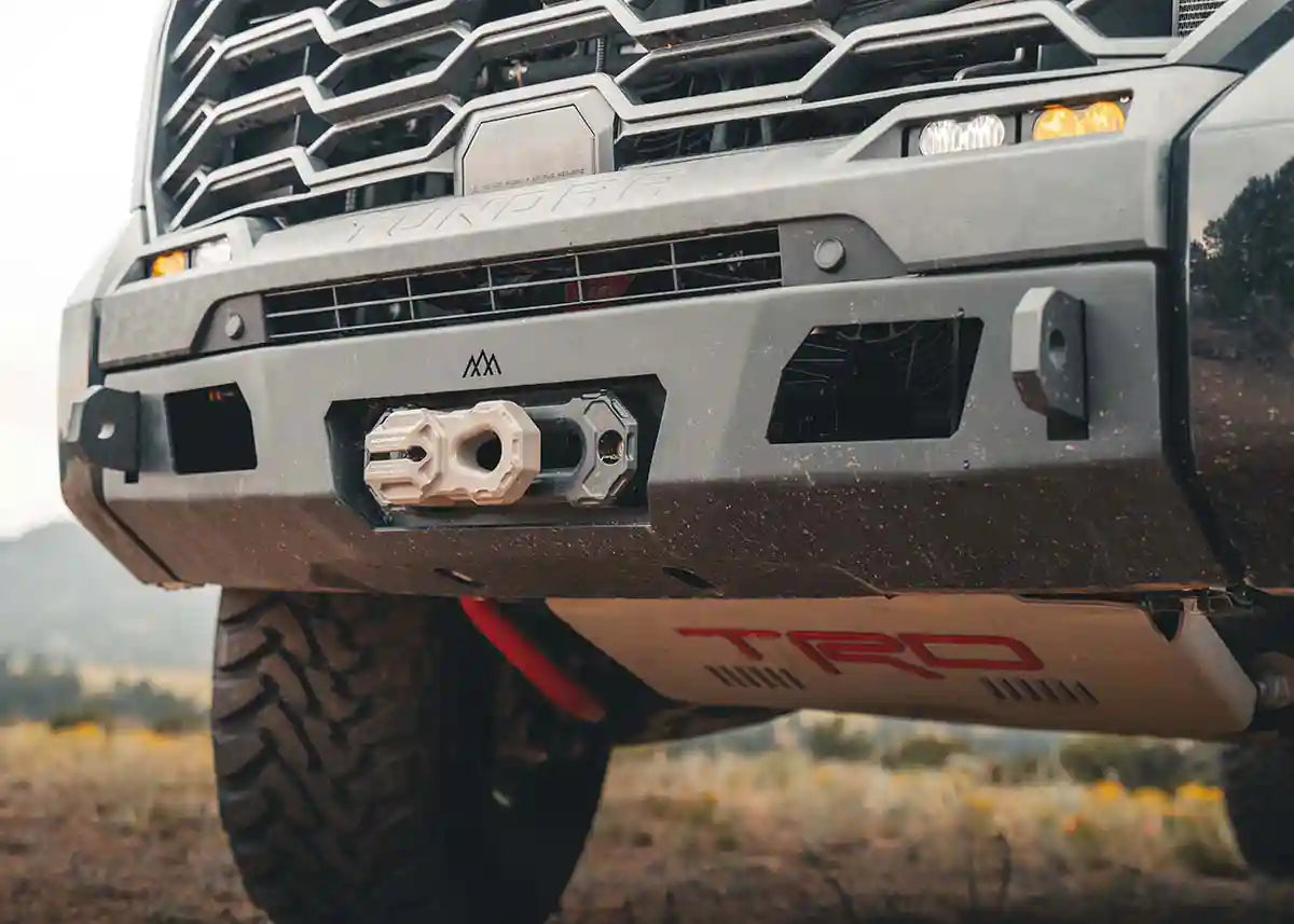 Close-up image of the Backwoods Adventure Mods Toyota Tundra Front Winch Bumper installed