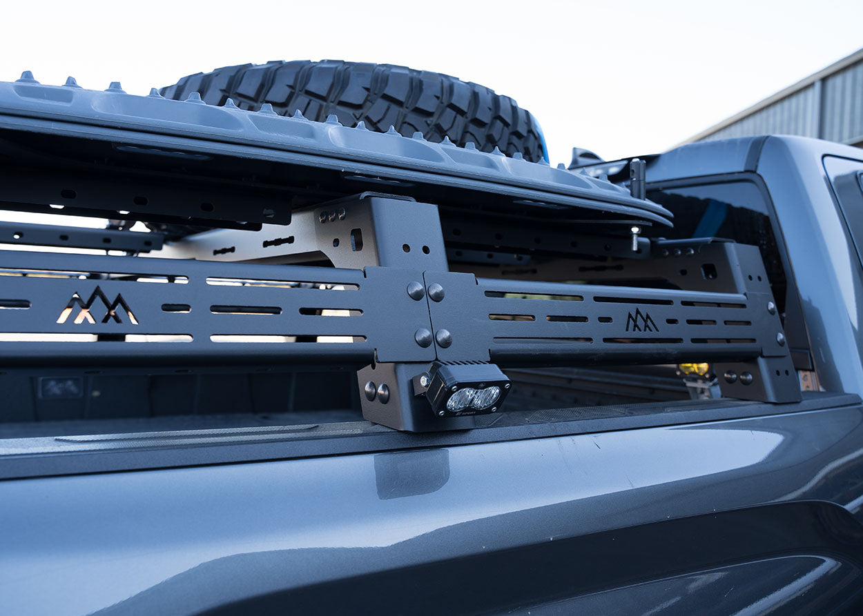Side image of the Backwoods Adventure Mods 3rd Gen Toyota Tundra Mid Height Bed Rack
