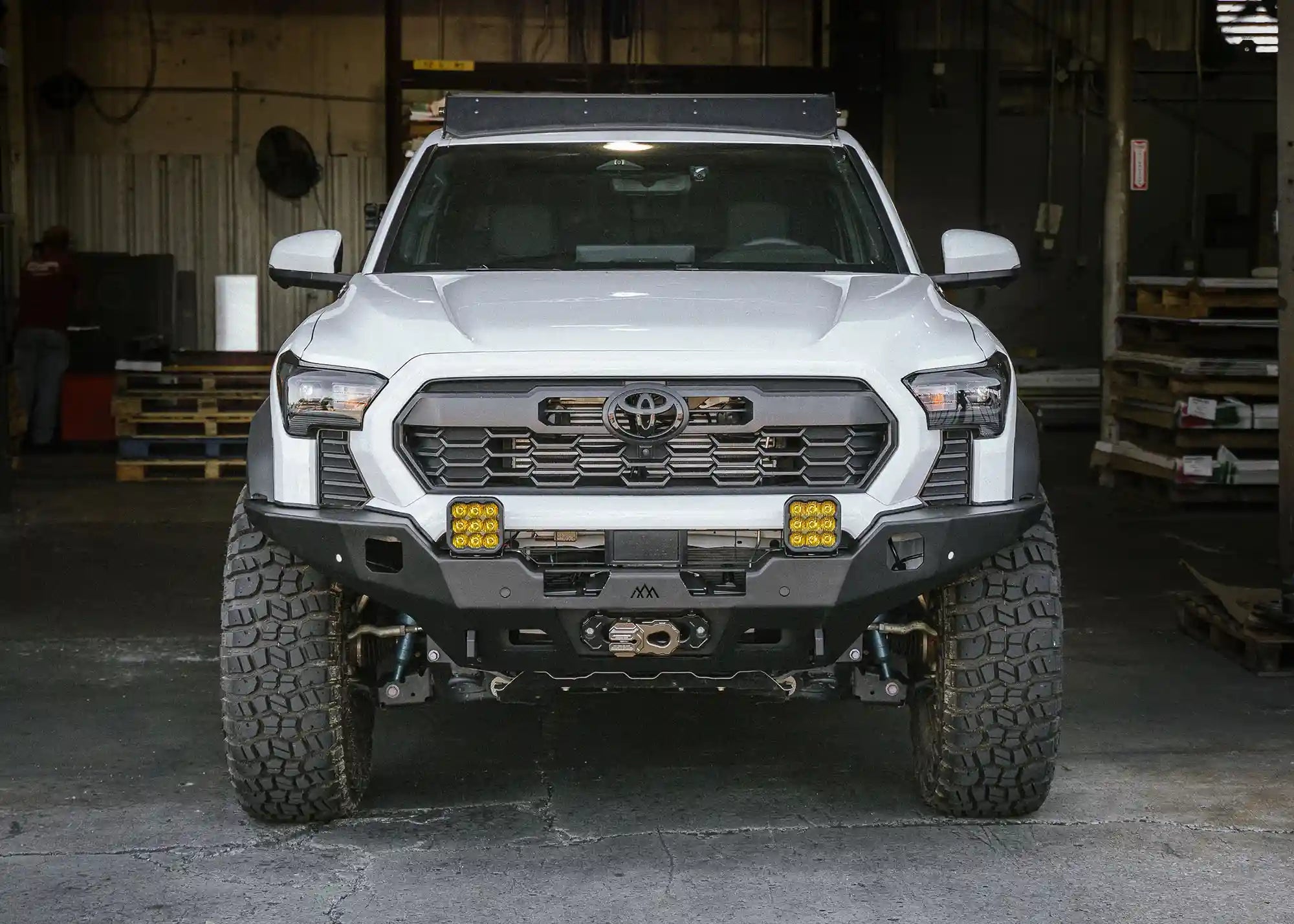 Backwoods Adventure Mods 2024 Toyota Tacoma 4th Gen Hi-Lite Overland Front Bumper installed for high clearance off road with winch