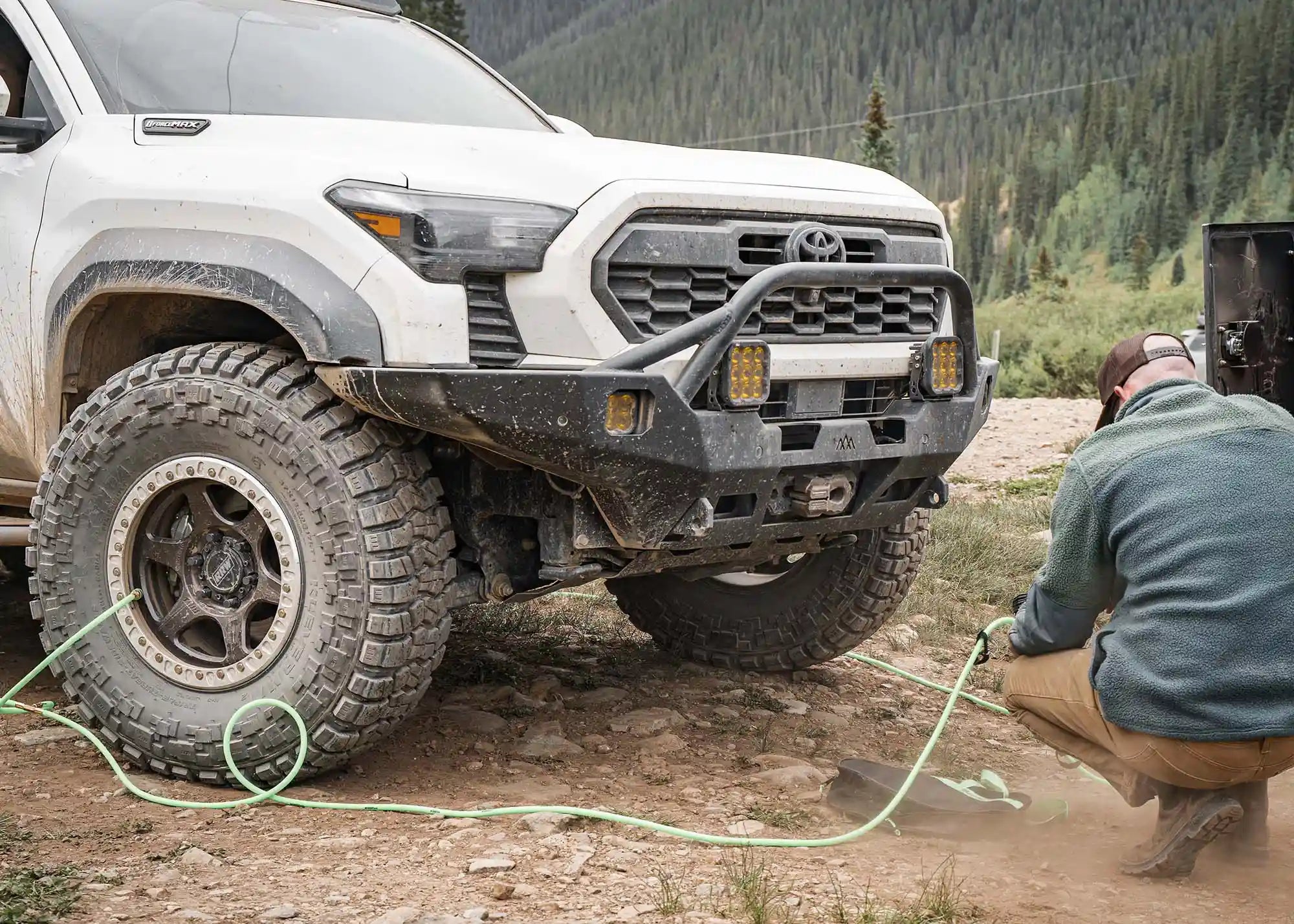 2024 4th Gen Toyota Tacoma with Backwoods Adventure Mods Hi-Lite Overland hybrid aluminum high clearance Front Bumper with Prerunner Bull Bar airing down tires off road