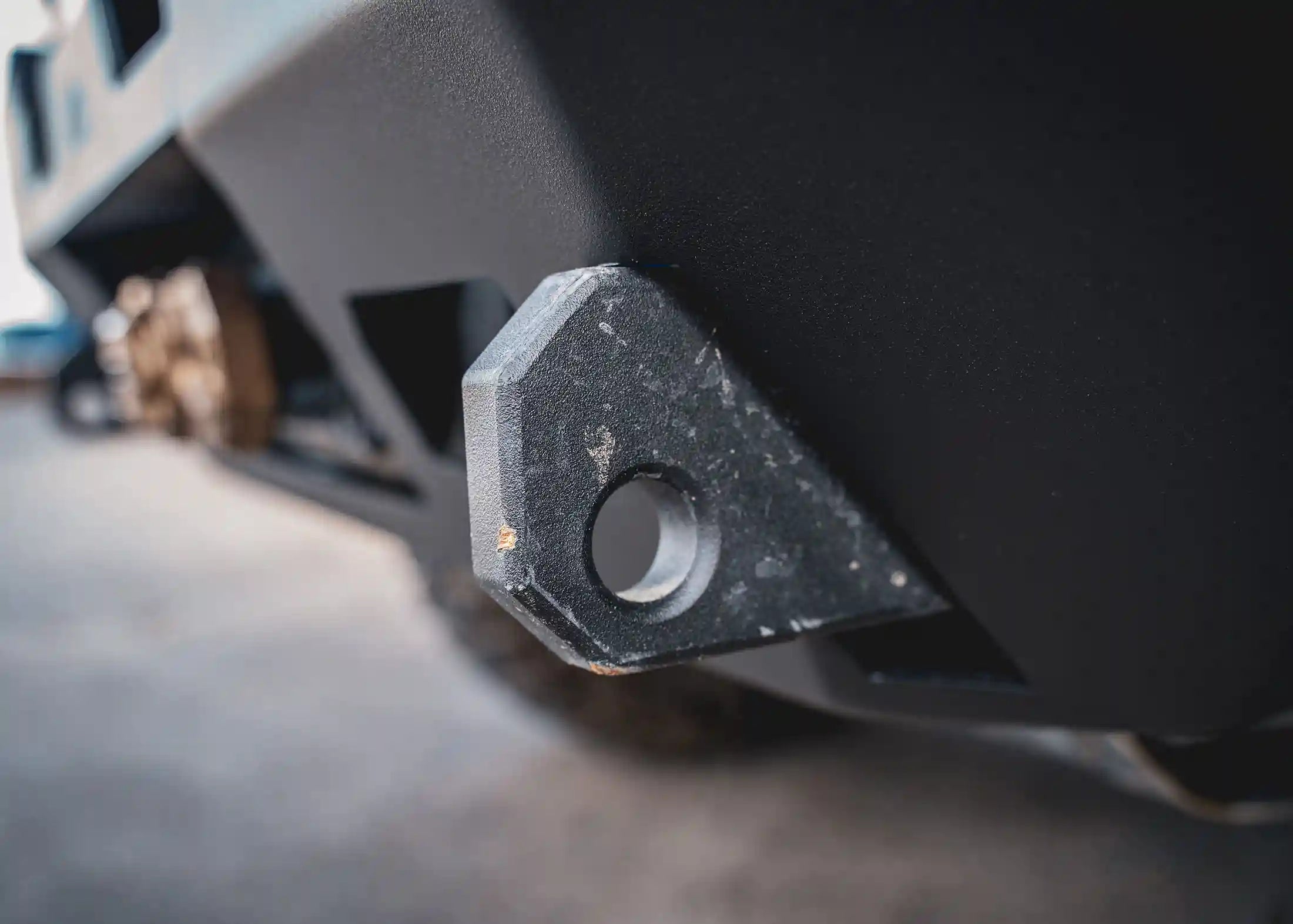 Close up of a steel recovery points on the Backwoods Adventure Mods 2024 Toyota Tacoma 4th Gen Hi-Lite Overland Front Bull Bar Bumper