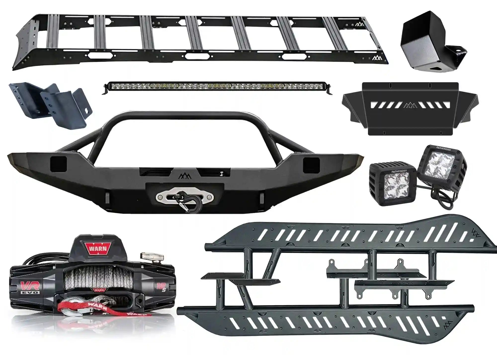 Backwoods Adventure Mods 5th Gen Toyota 4Runner Ultimate Off Road Kit bundle including Front Bumper, DRIFTR roof rack, Rock Sliders, Skid Plate connector, Warn VR Evo 12s Winch, washer reservoir guard, and Pathfinder Off Road Lights
