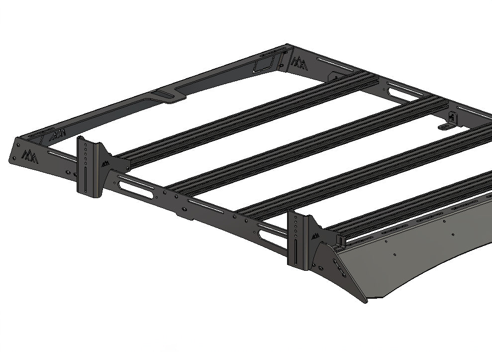 Installation diagram of the HD Awning Brackets on the passenger-side of the Backwoods Adventure Mods DRIFTR Roof Racks
