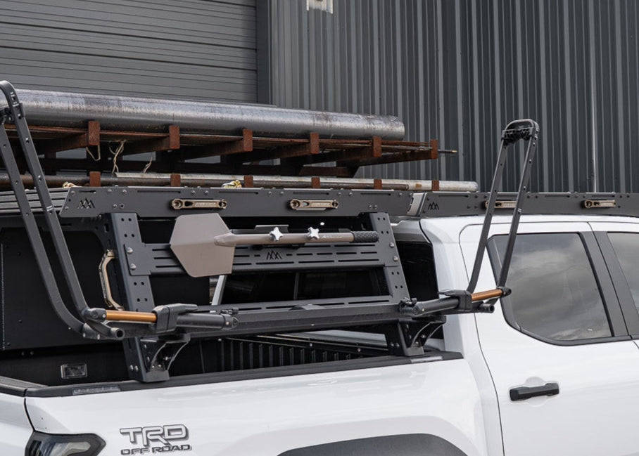 Backwoods Adventure Mods Truck Bed Rack and Roof Rack System Expert Bundle installed on a Toyota Tacoma with rack accessories mounted