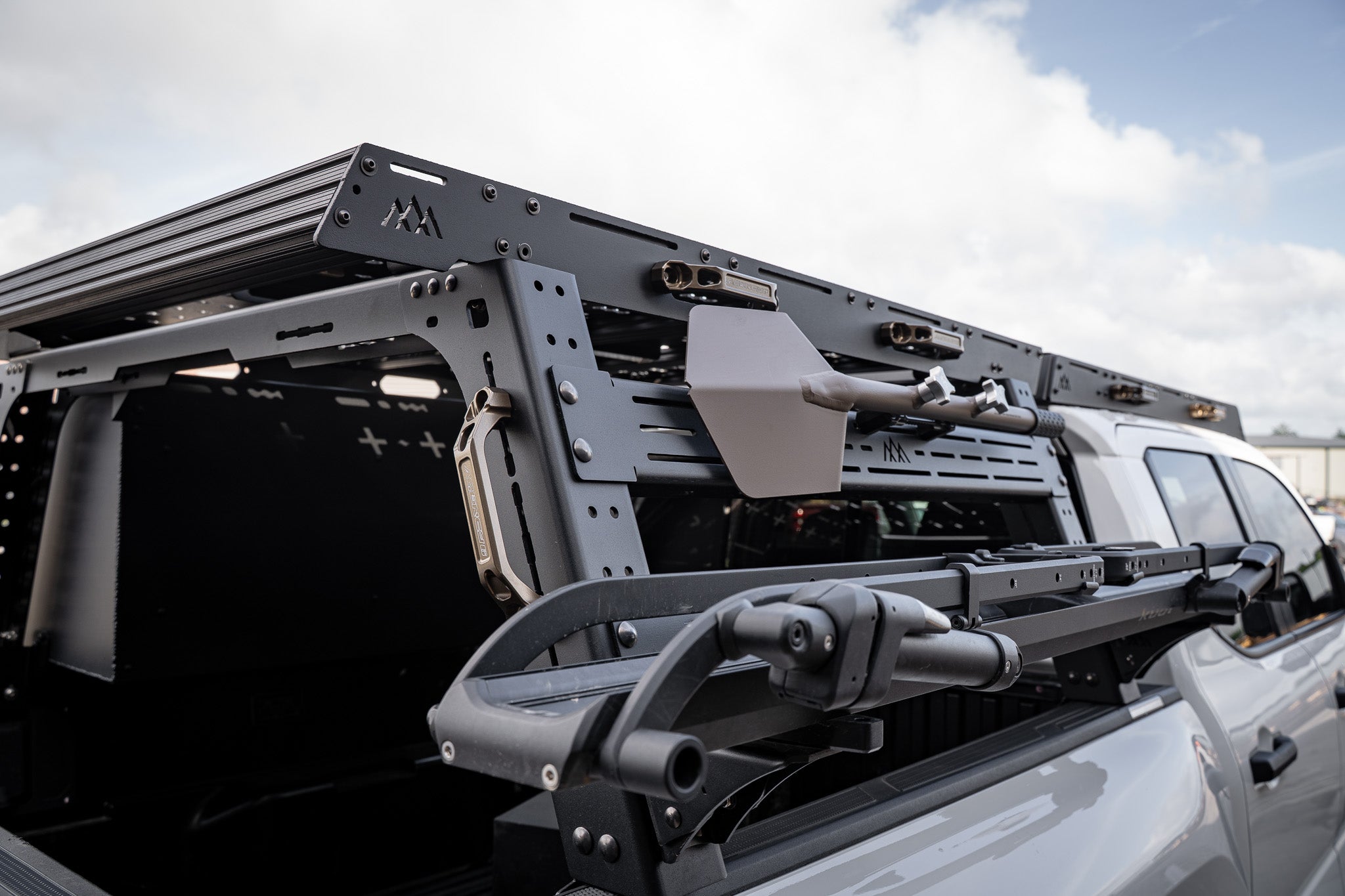 Backwoods Adventure Mods Truck Bed Rack and Roof Rack System Expert Bundle installed on a 3rd Gen Toyota Tacoma with accessories mounted