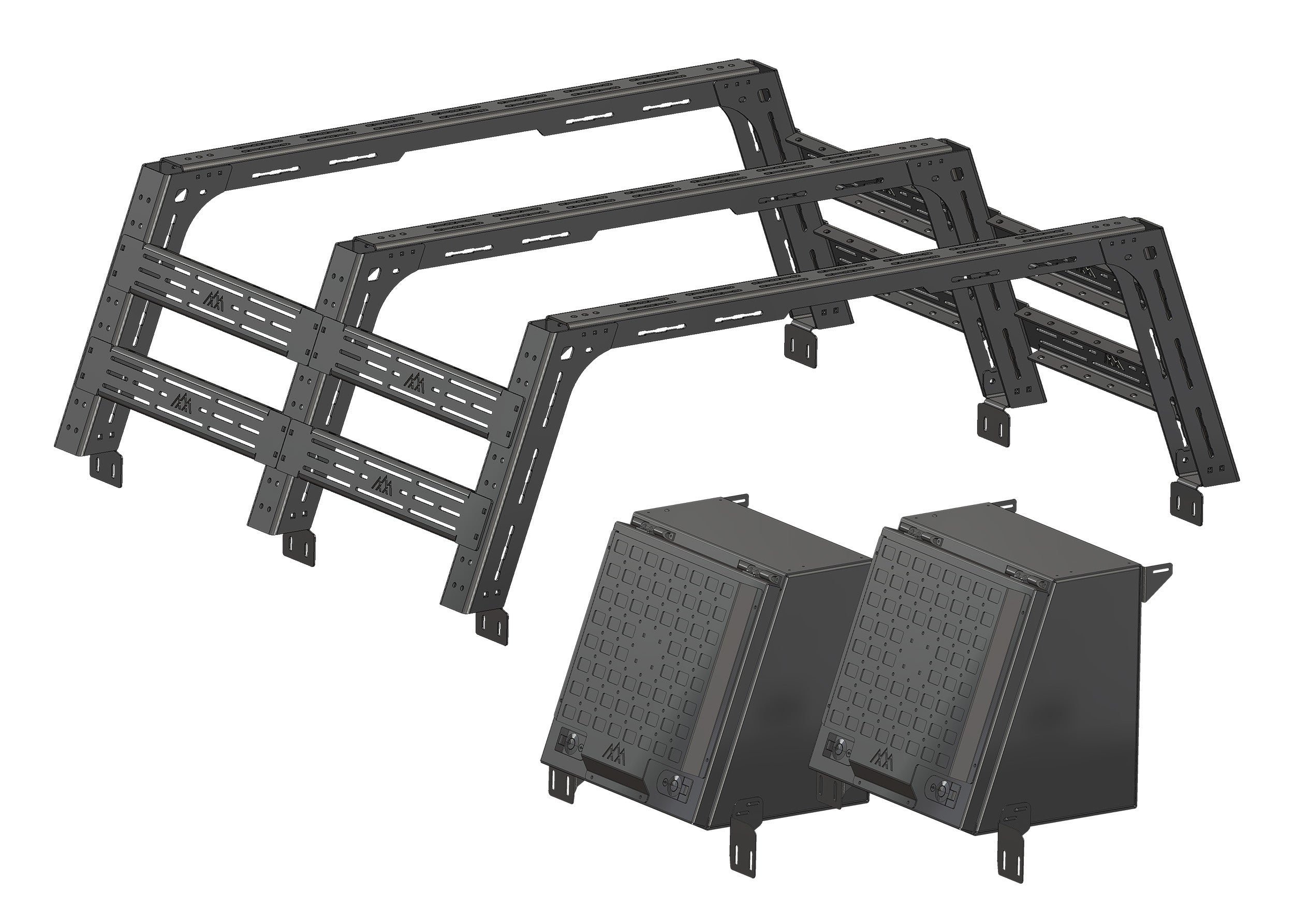 Components included in the Backwoods Adventure Mods Toyota Tundra Truck Bed Rack System Storage Bundle