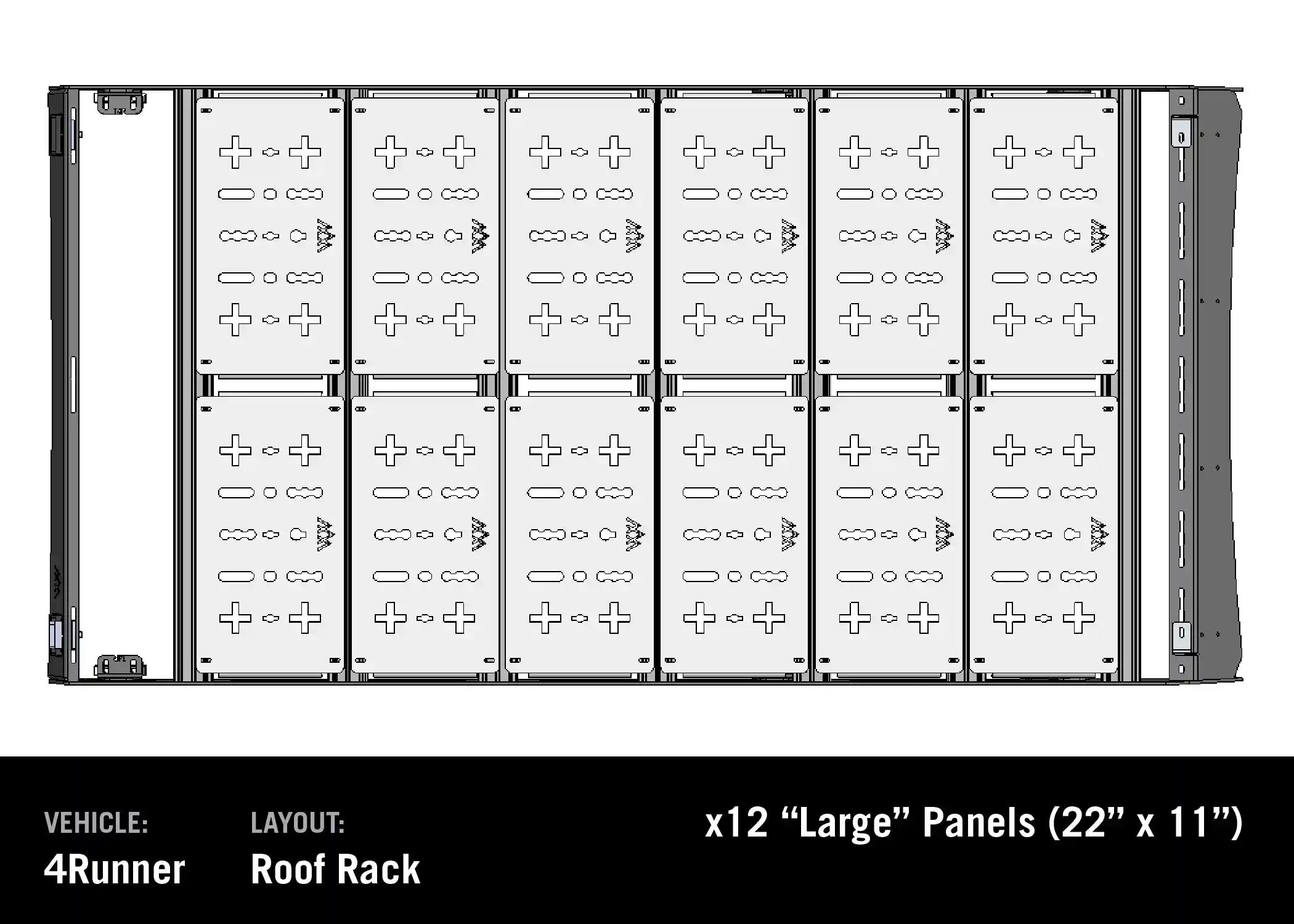 Diagram showing the Backwoods Adventure Mods DRIFTR Roof Rack Deck Accessory Panel configuration for the 4Runner Roof Rack