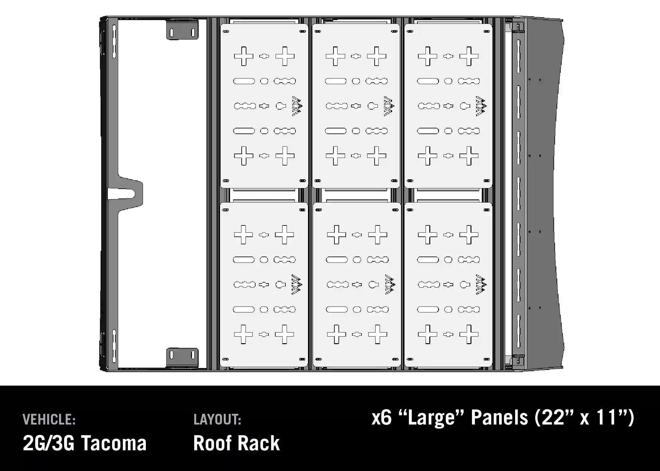 Diagram showing the Backwoods Adventure Mods DRIFTR Roof Rack Deck Accessory Panel configuration for the 2nd and 3rd Gen Tacoma Roof Rack