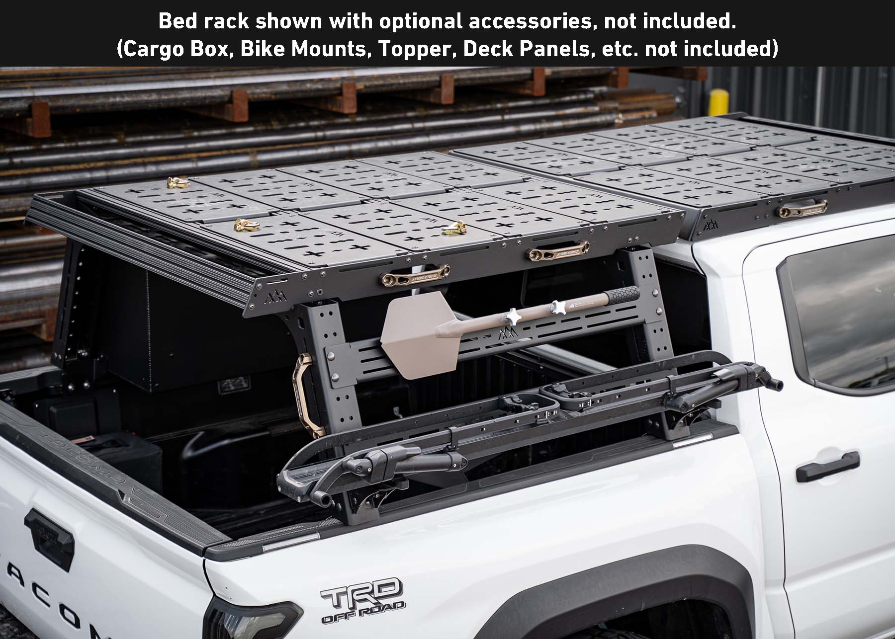 Backwoods Adventure Mods Toyota Tacoma Overland Bed Rack installed with optional accessories: bike rack, shovel mount, topper cargo carrier, modular deck plates, cargo storage box