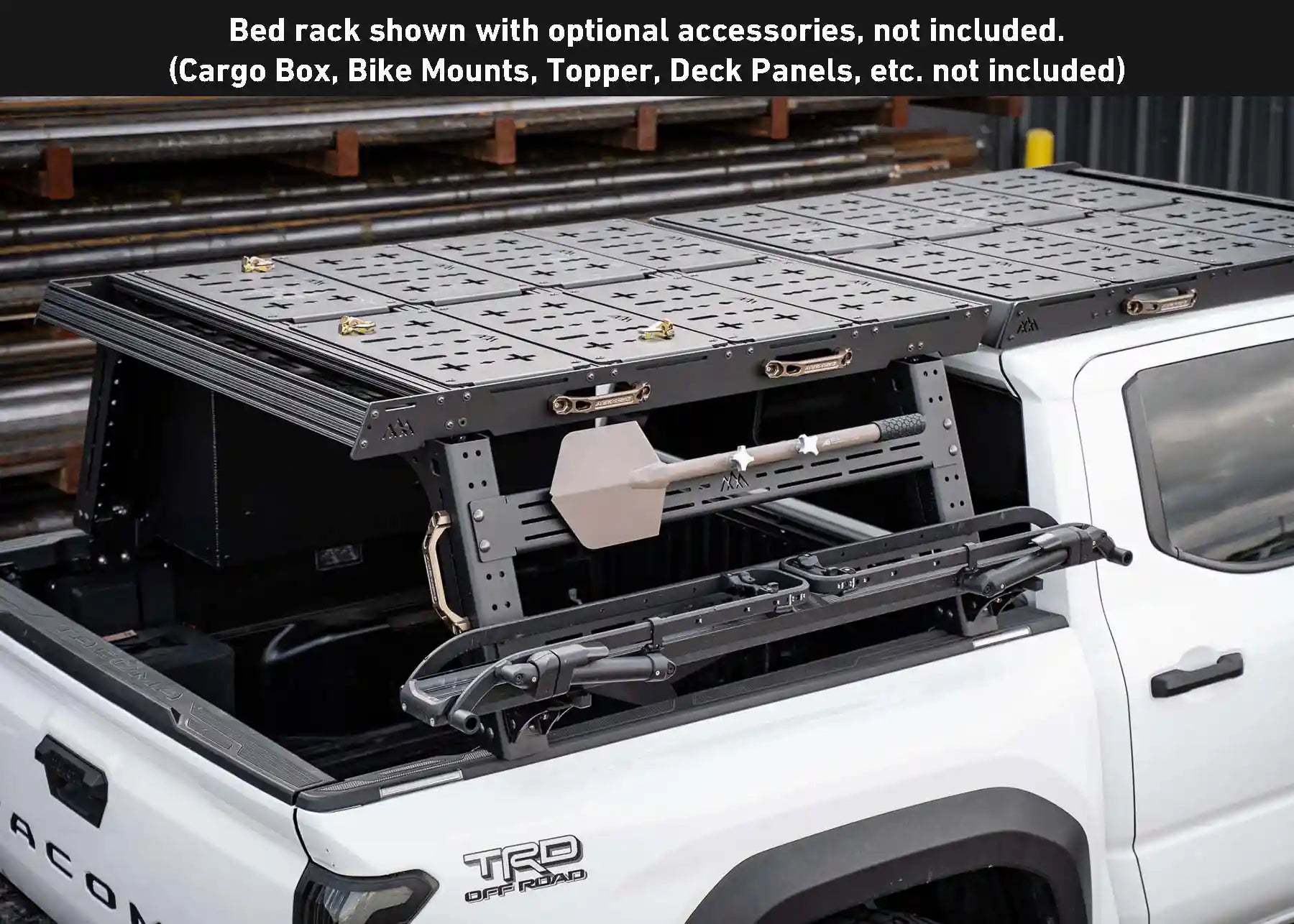 Backwoods Adventure Mods Toyota Tacoma Overland Bed Rack installed with optional accessories: bike rack, shovel mount, topper cargo carrier, modular deck plates, cargo storage box
