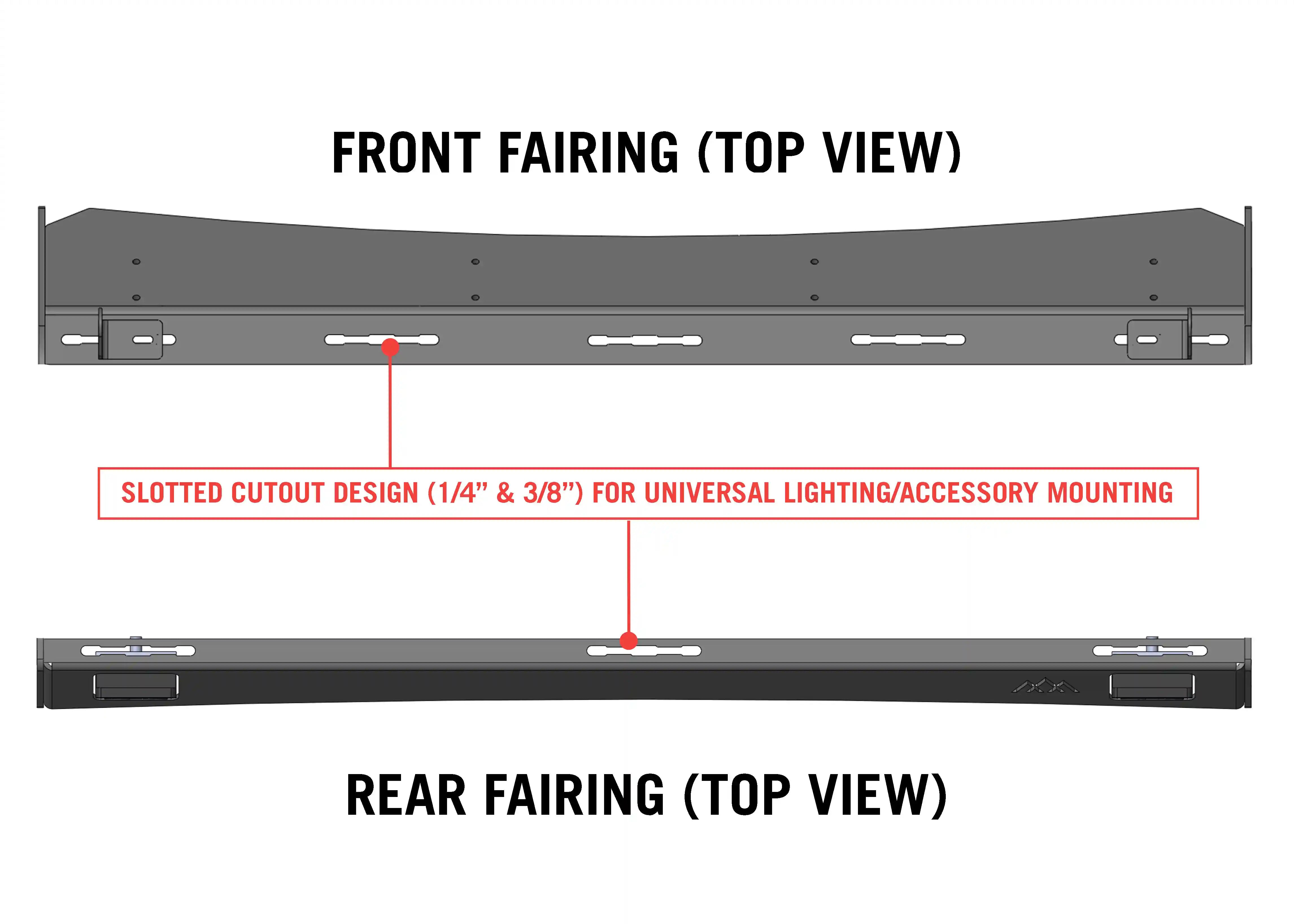 Diagram showing the front and rear fairing light mounts on the DRIFTR 6th Gen 4Runner Roof Rack from Backwoods Adventure Mods