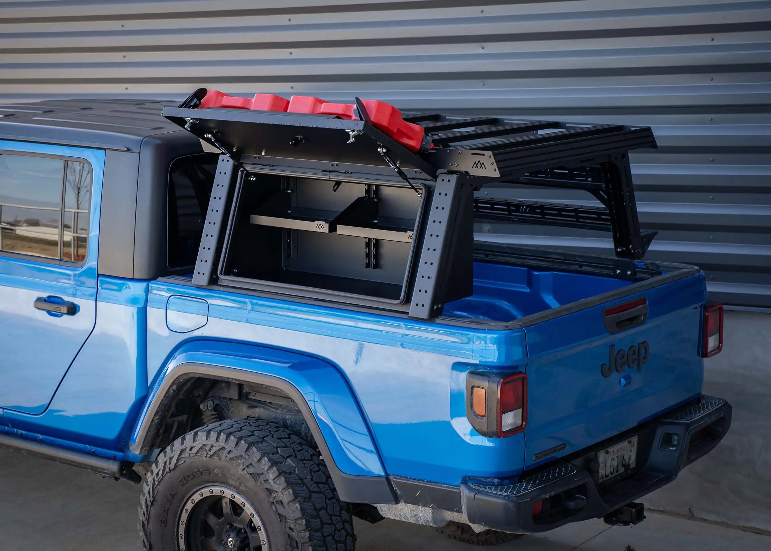 Backwoods Adventure Mods Jeep Gladiator Bed Rack Overland Storage Box with lid open
