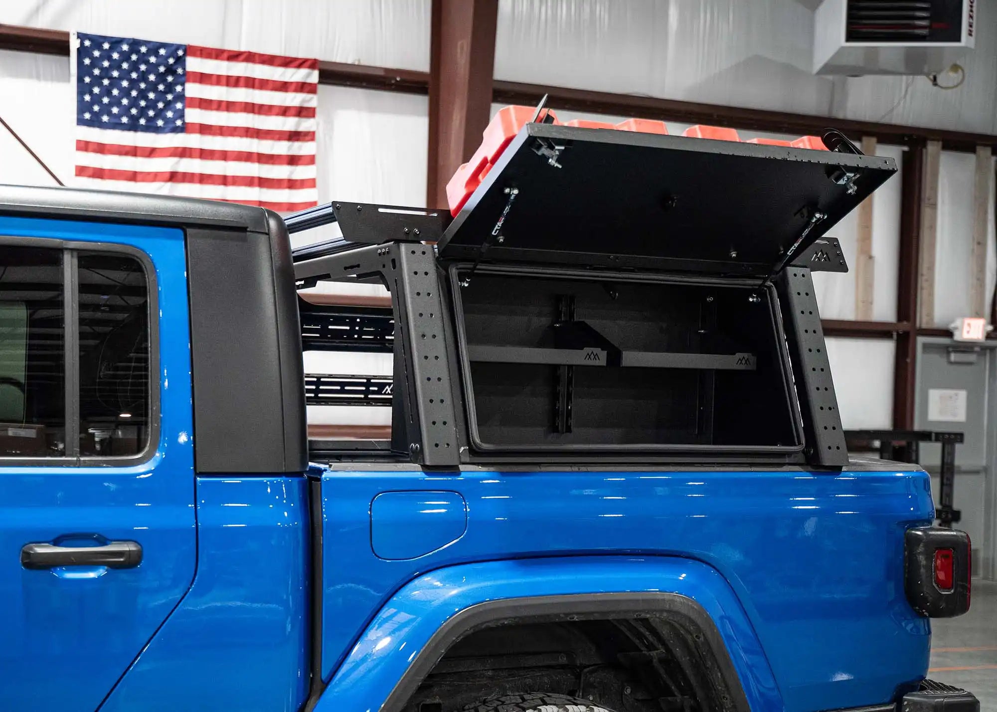 Jeep Gladiator Bed Rack installed with Overland Storage Box and other bed rack accessories from Backwoods Adventure Mods
