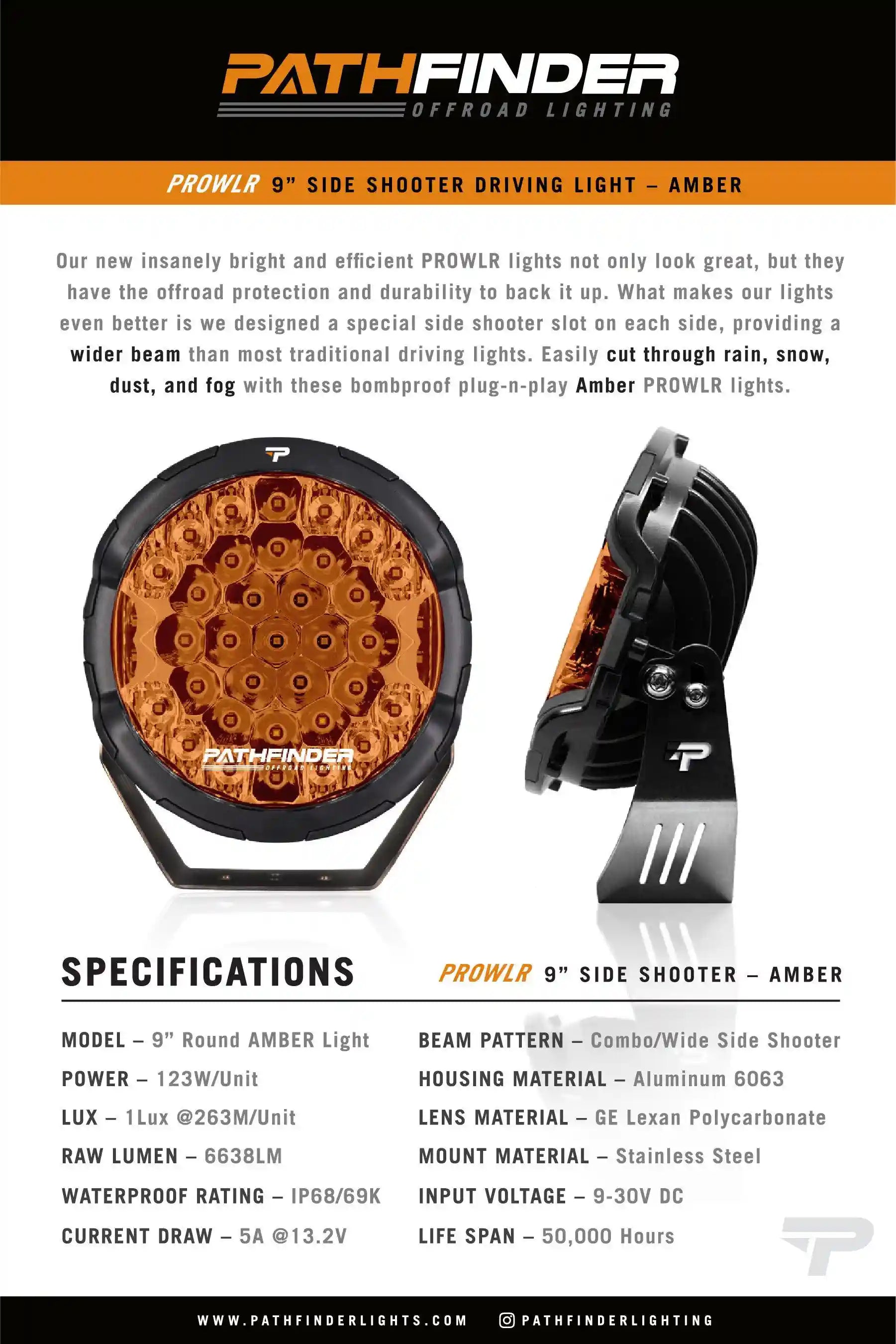 Spec sheet for the Backwoods Adventure Mods Pathfinder PROWLR 9 inch LED off road driving light