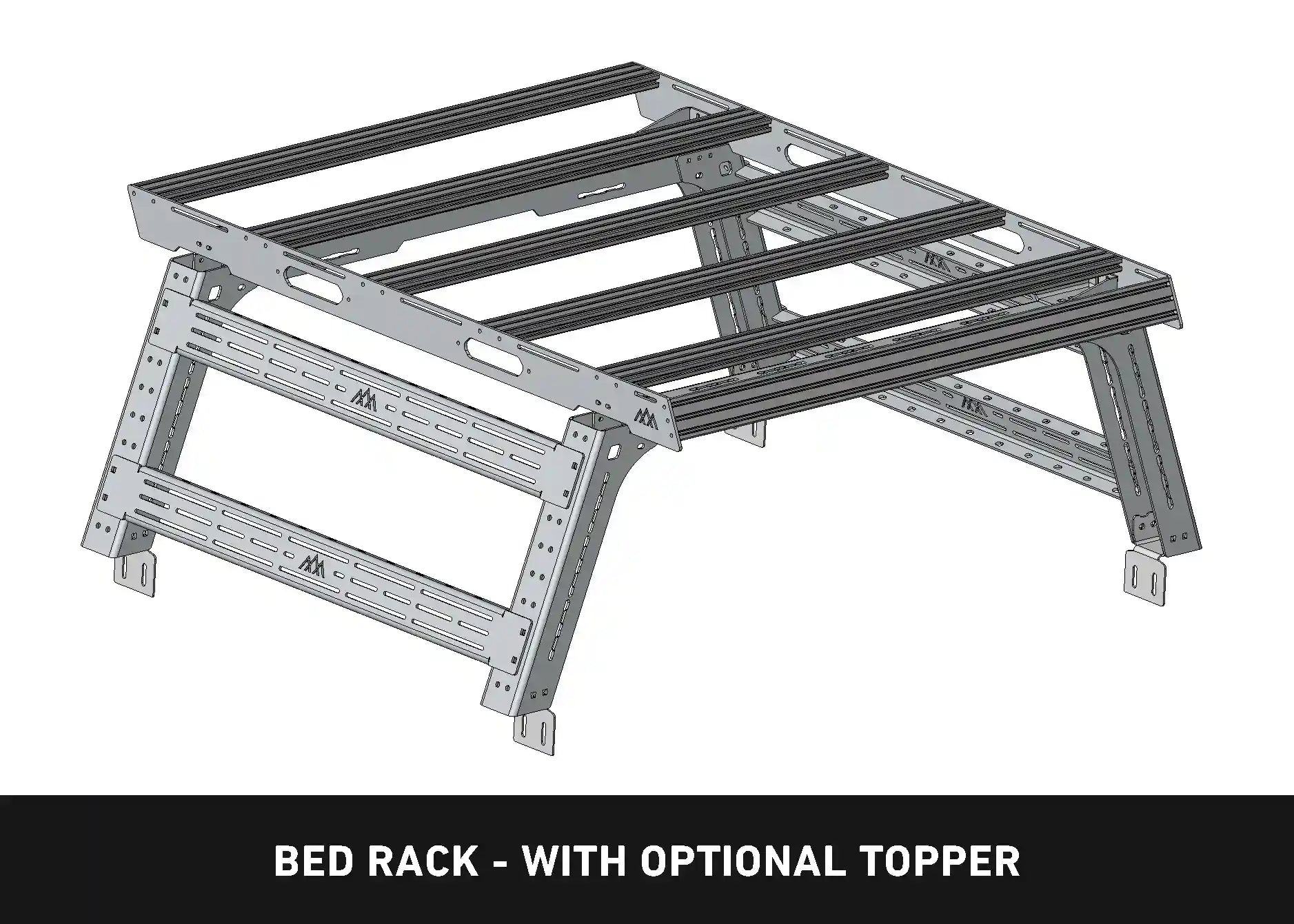 Diagram of fitment of the Backwoods Adventure Mods Bed Rack DRIFTR Topper cargo carrier add-on for 2005+ Toyota Tacoma truck bed rack