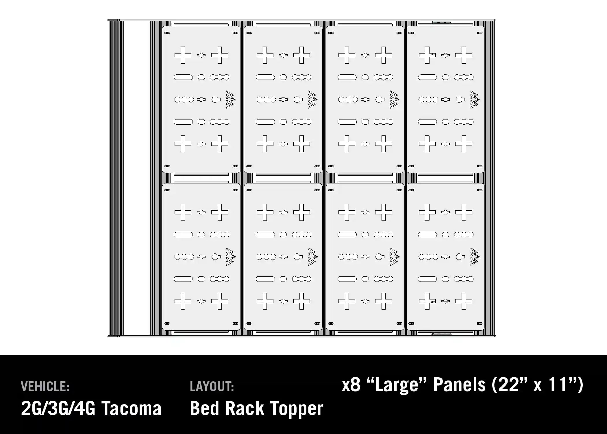 Diagram showing deck panel storage accessories of the Backwoods Adventure Mods Bed Rack DRIFTR Topper cargo carrier add-on for 2005+ Toyota Tacoma truck bed racks