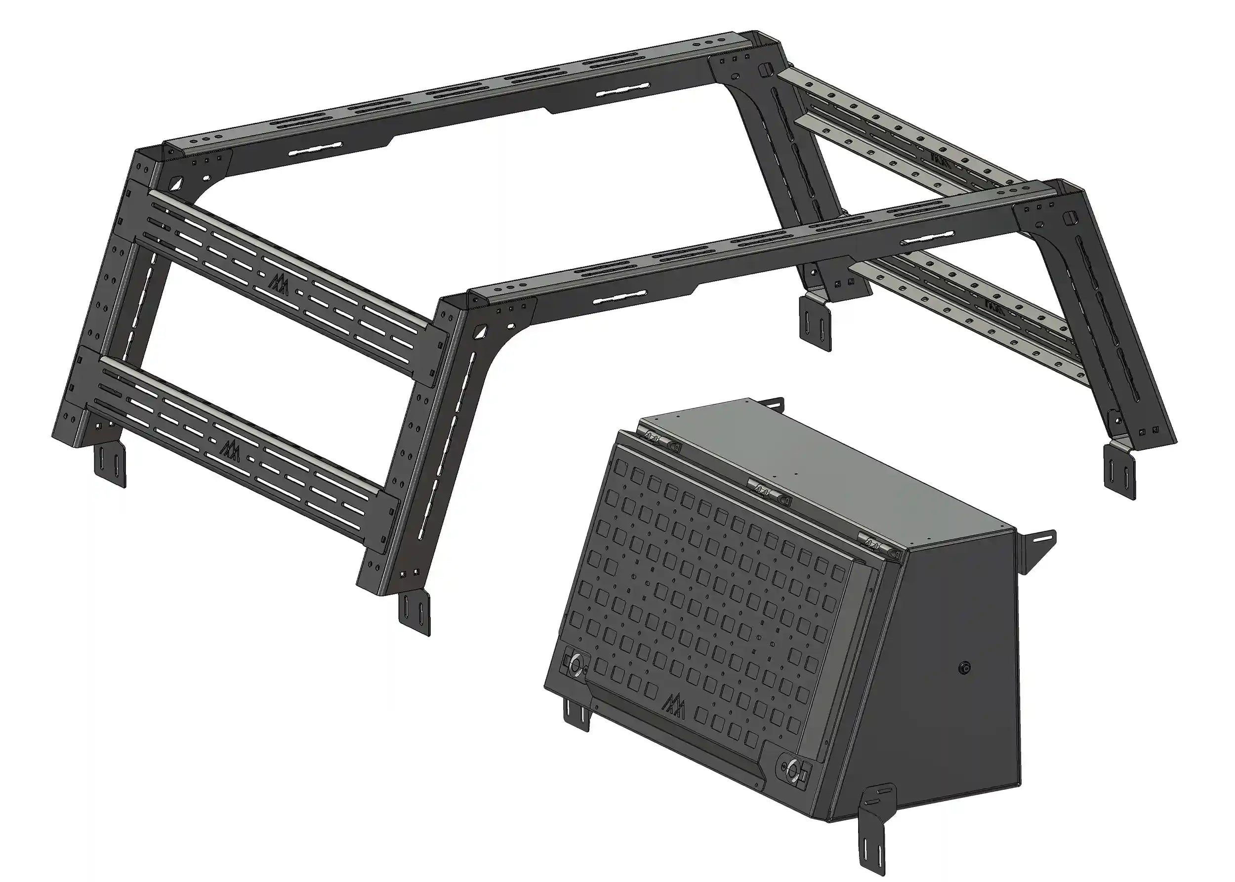 Components included in the Backwoods Adventure Mods Tacoma Bed Rack Storage System Bundle for overlanding and off roading