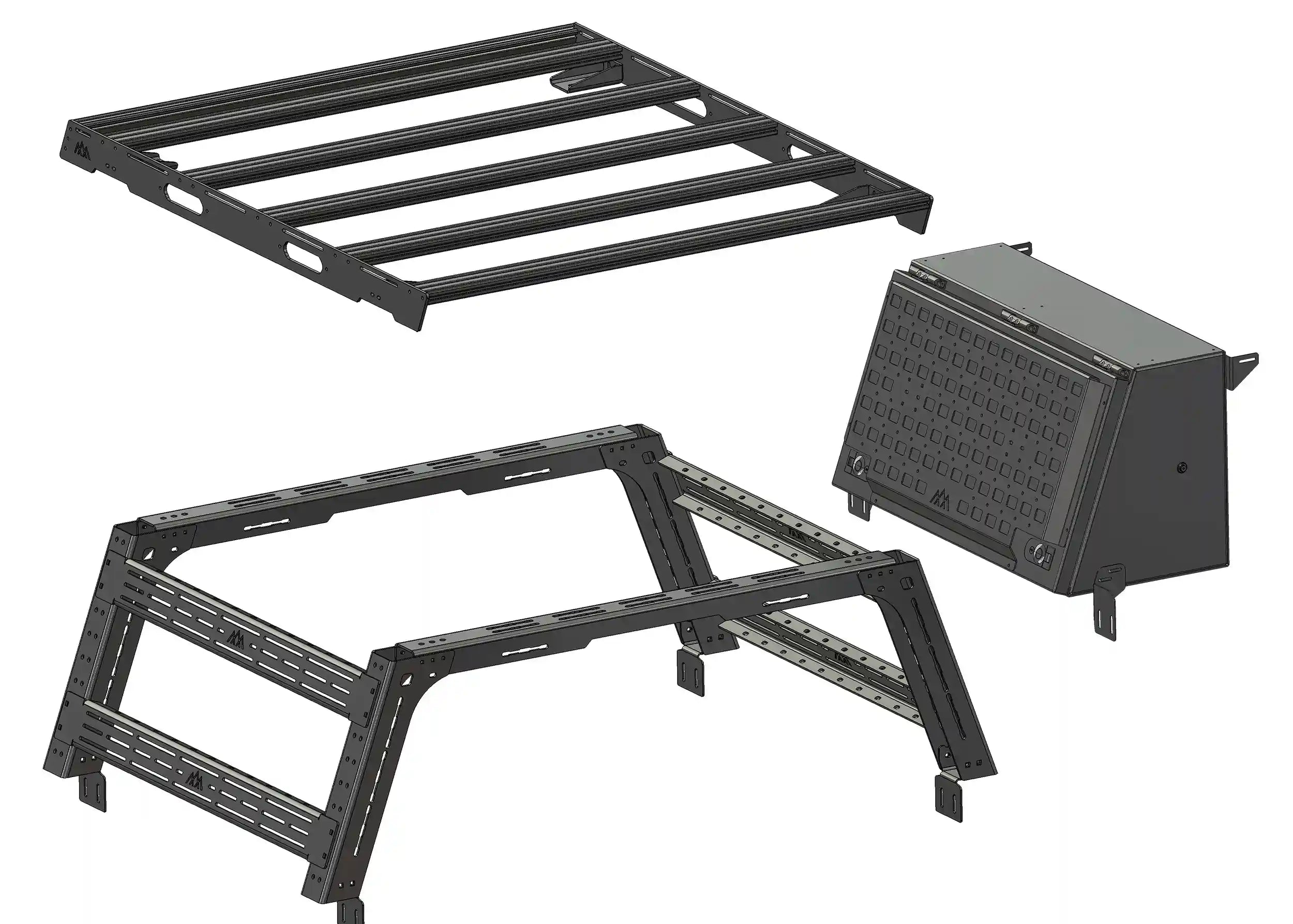 Components included in the Backwoods Adventure Mods Tacoma Truck Bed Rack System Enthusiast Bundle