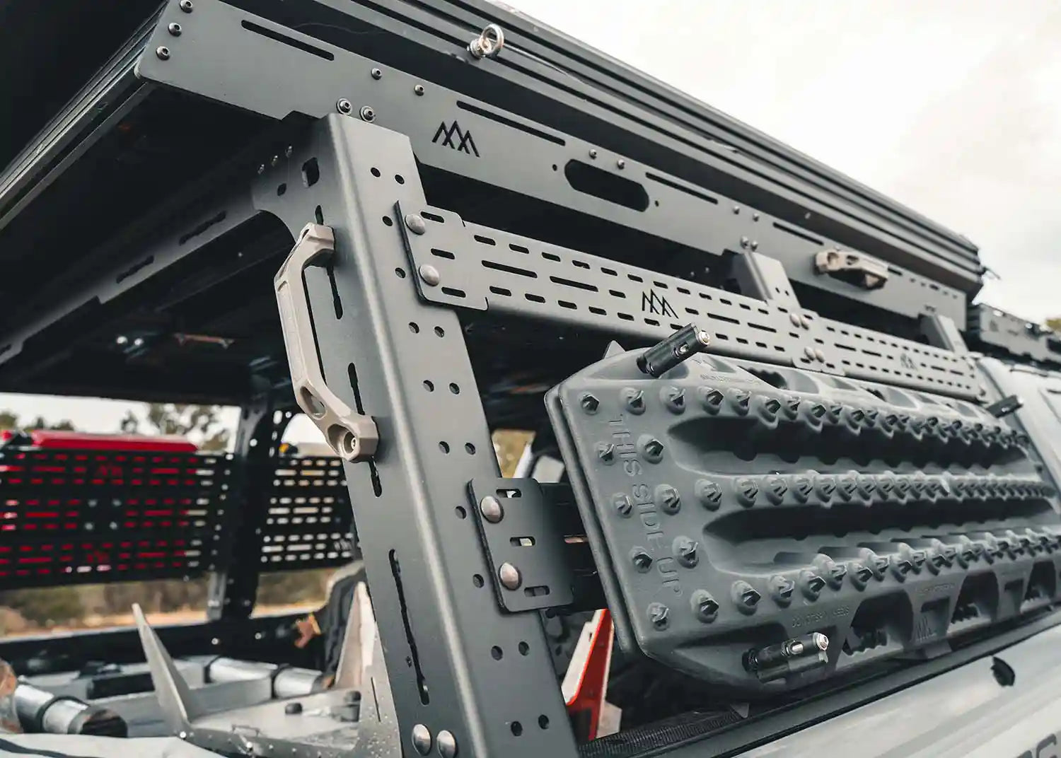 Image showing the hardware and adjustability of the Backwoods Adventure Mods Full Height Tundra Truck Bed Rack