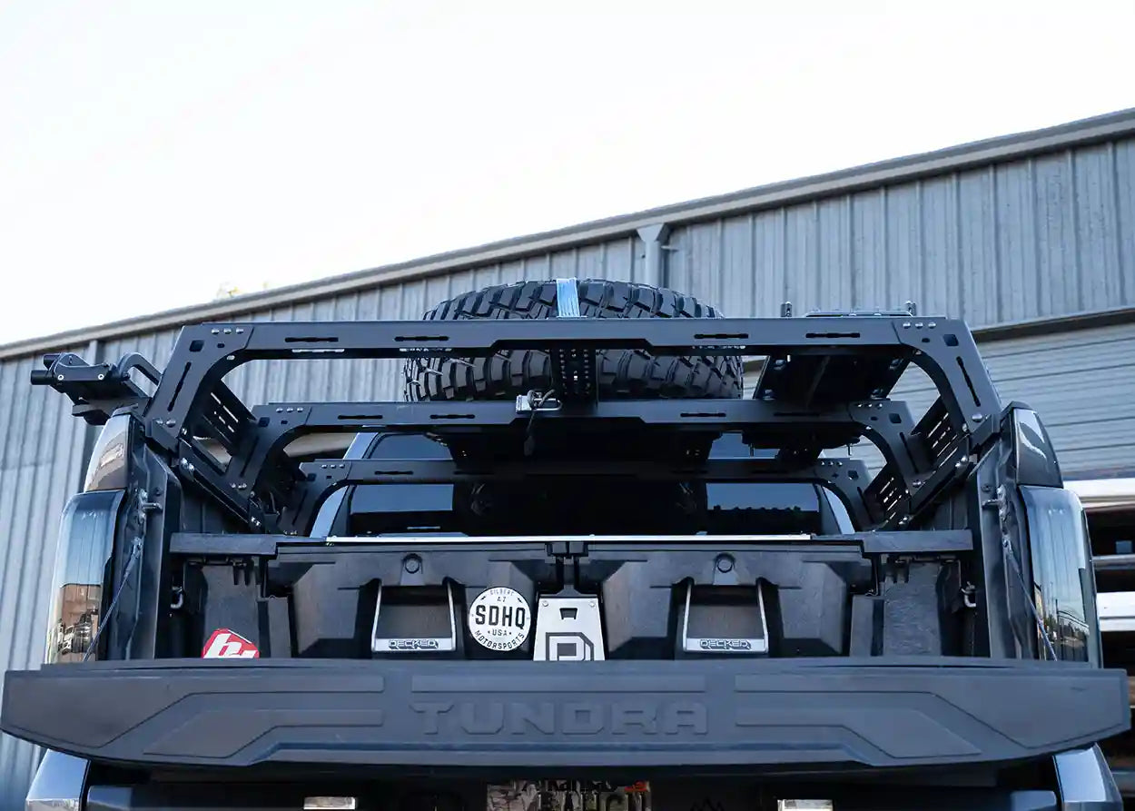 Interior of the Backwoods Adventure Mods Toyota Tundra Mid Height Bed Rack