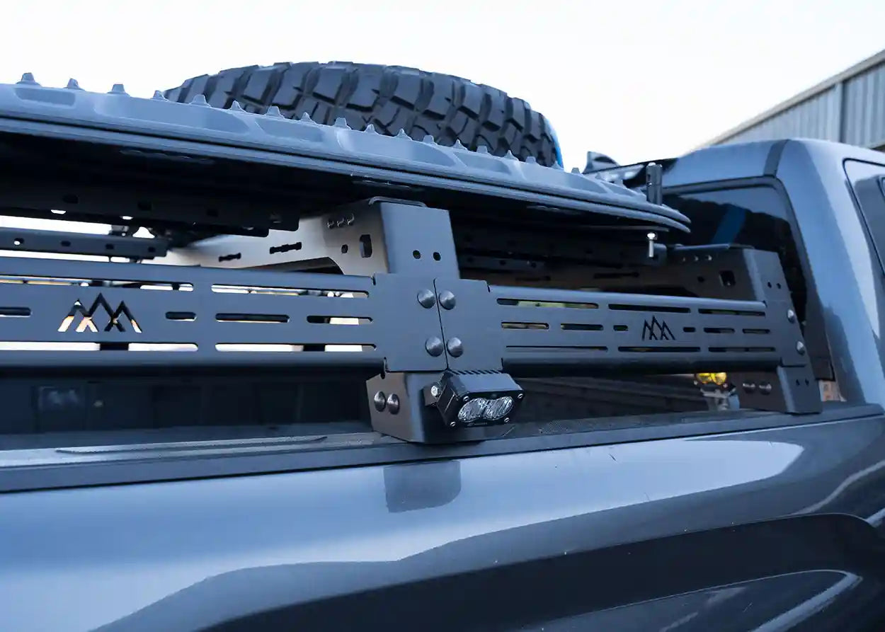 Side image of the Backwoods Adventure Mods Toyota Tundra Mid Height Bed Rack