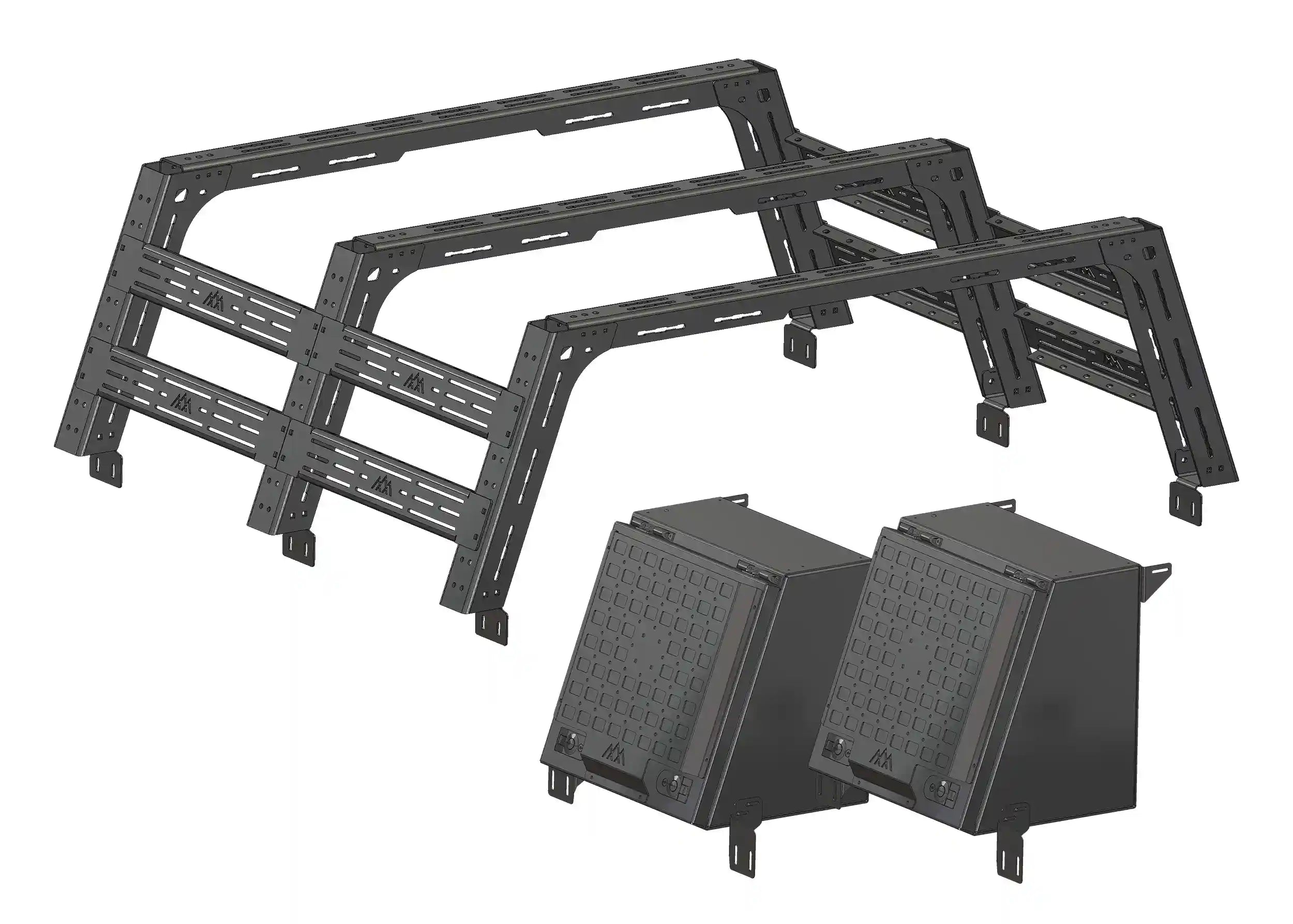 Components included in the Backwoods Adventure Mods Toyota Tundra Truck Bed Rack System Storage Bundle