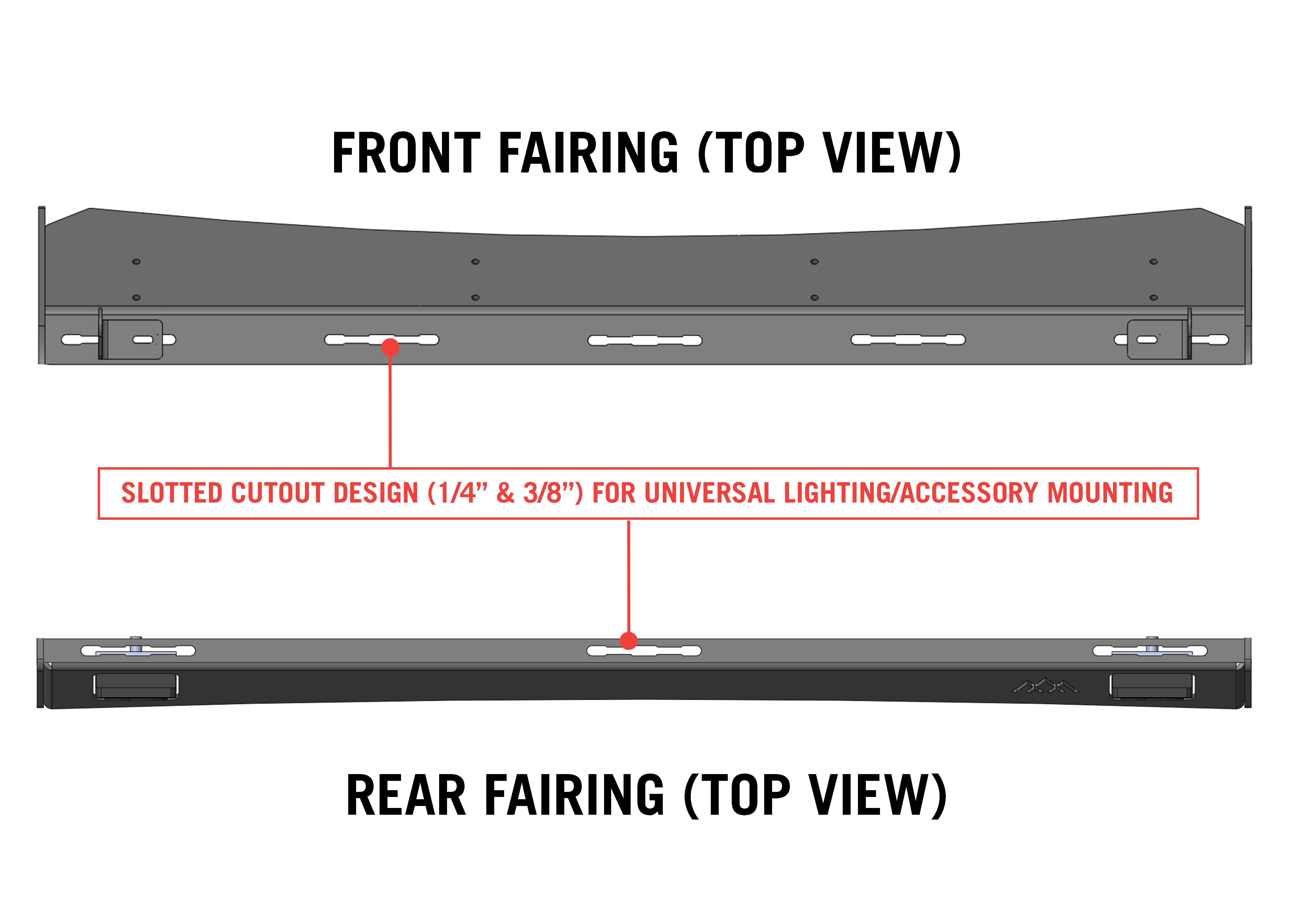 Diagram showing universal off road light mounting configurations for the front and rear fairing on the Backwoods Adventure Mods 5th Gen Toyota 4Runner DRIFTR Roof Rack