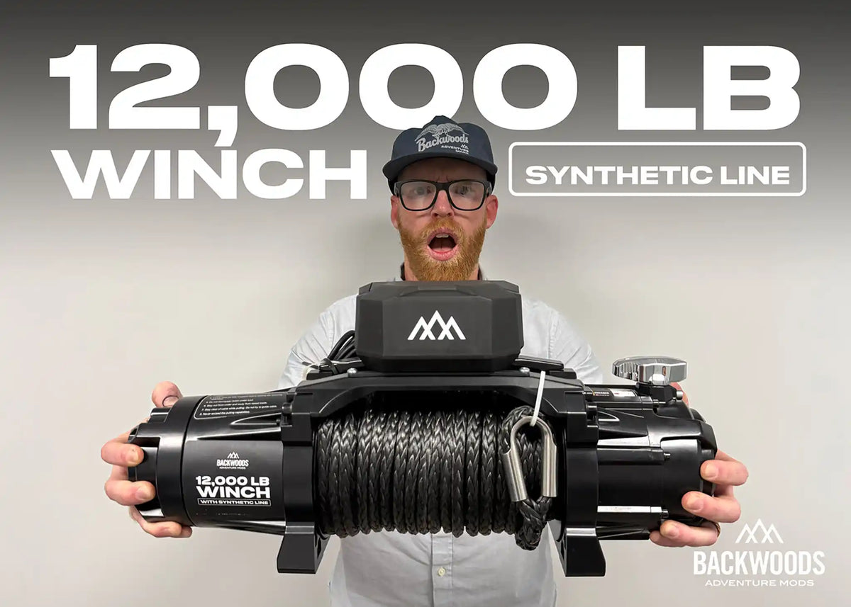 Man holding the new Backwoods Adventure Mods 12000lb Off Road Winch with synthetic line.