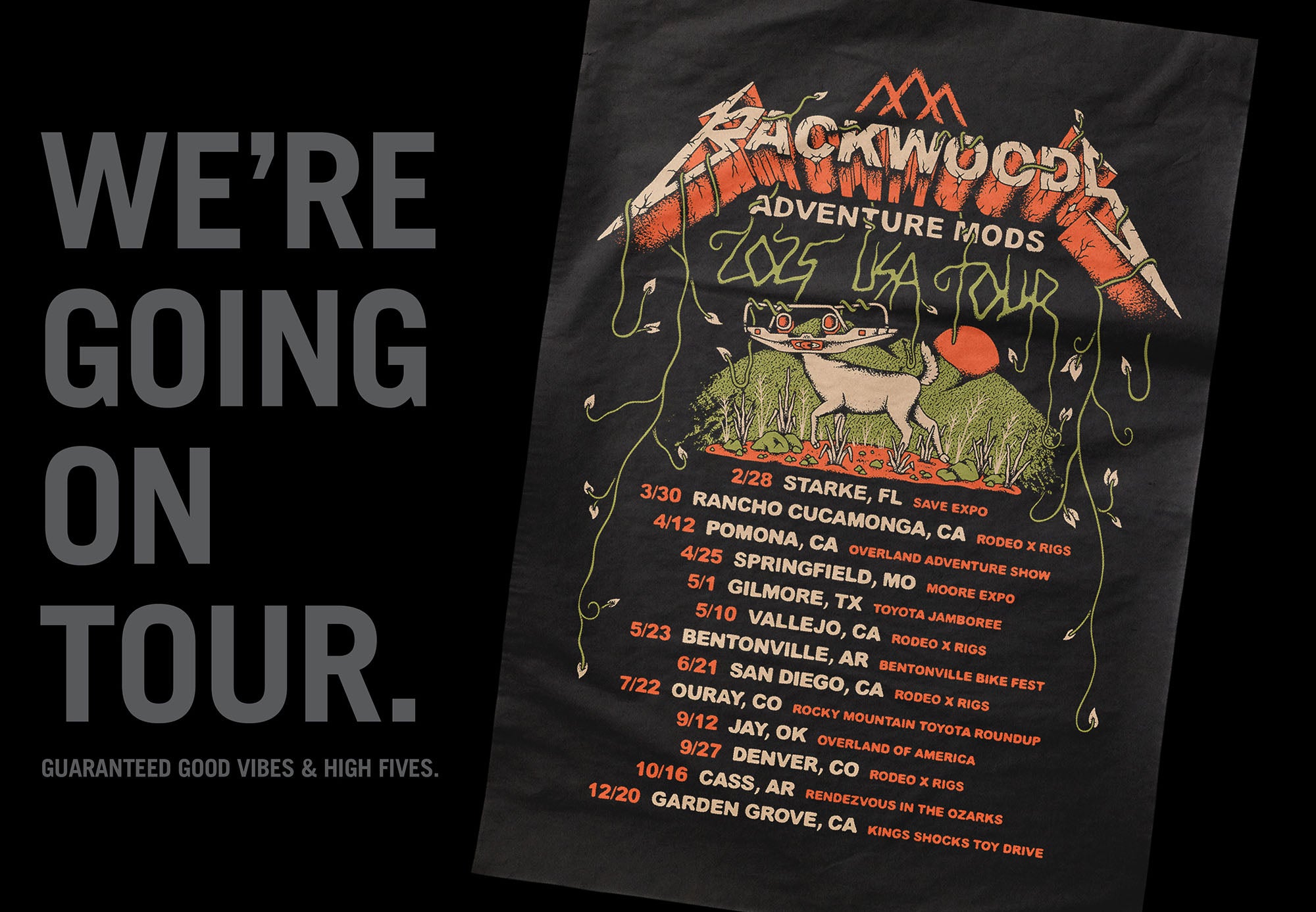 Graphic detailing Backwood't tour schedule and cities. | Backwoods Adventure Mods