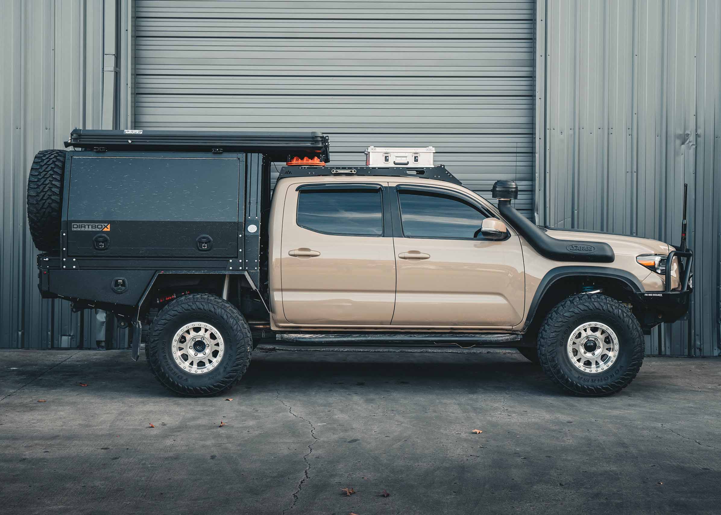 Backwoods Adventure Mods 2005-2023 2nd and 3rd Gen Toyota Tacoma DRIFTR Roof Rack cargo carrier installed on an overland Tacoma truck build