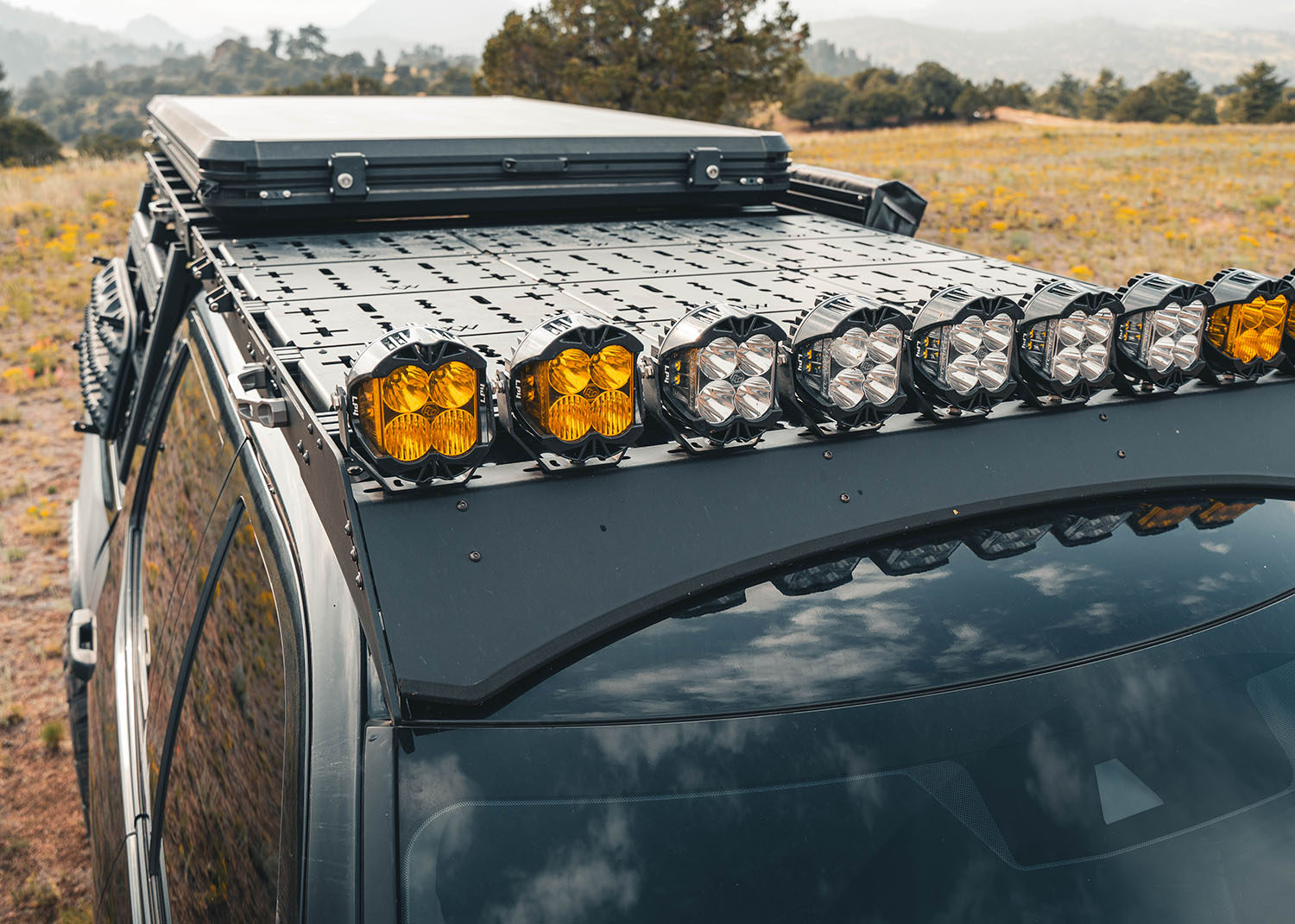 Backwoods Adventure Mods DRIFTR Roof Rack installed on a 3rd Gen Toyota Tundra with off road lights and deck plate accessories mounted to the roof rack