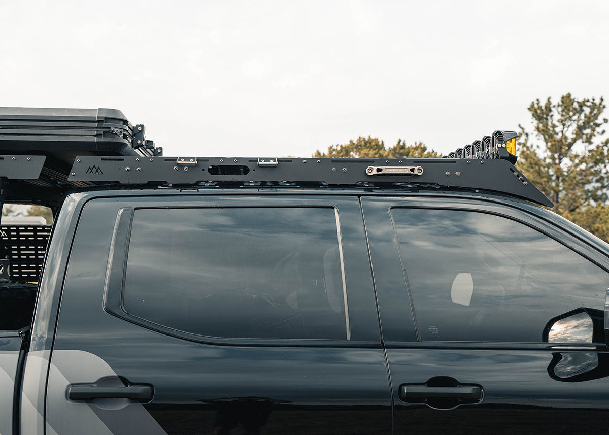Side profile image of the Backwoods Adventure Mods DRIFTR roof rack installed on a 3rd Gen Toyota Tundra