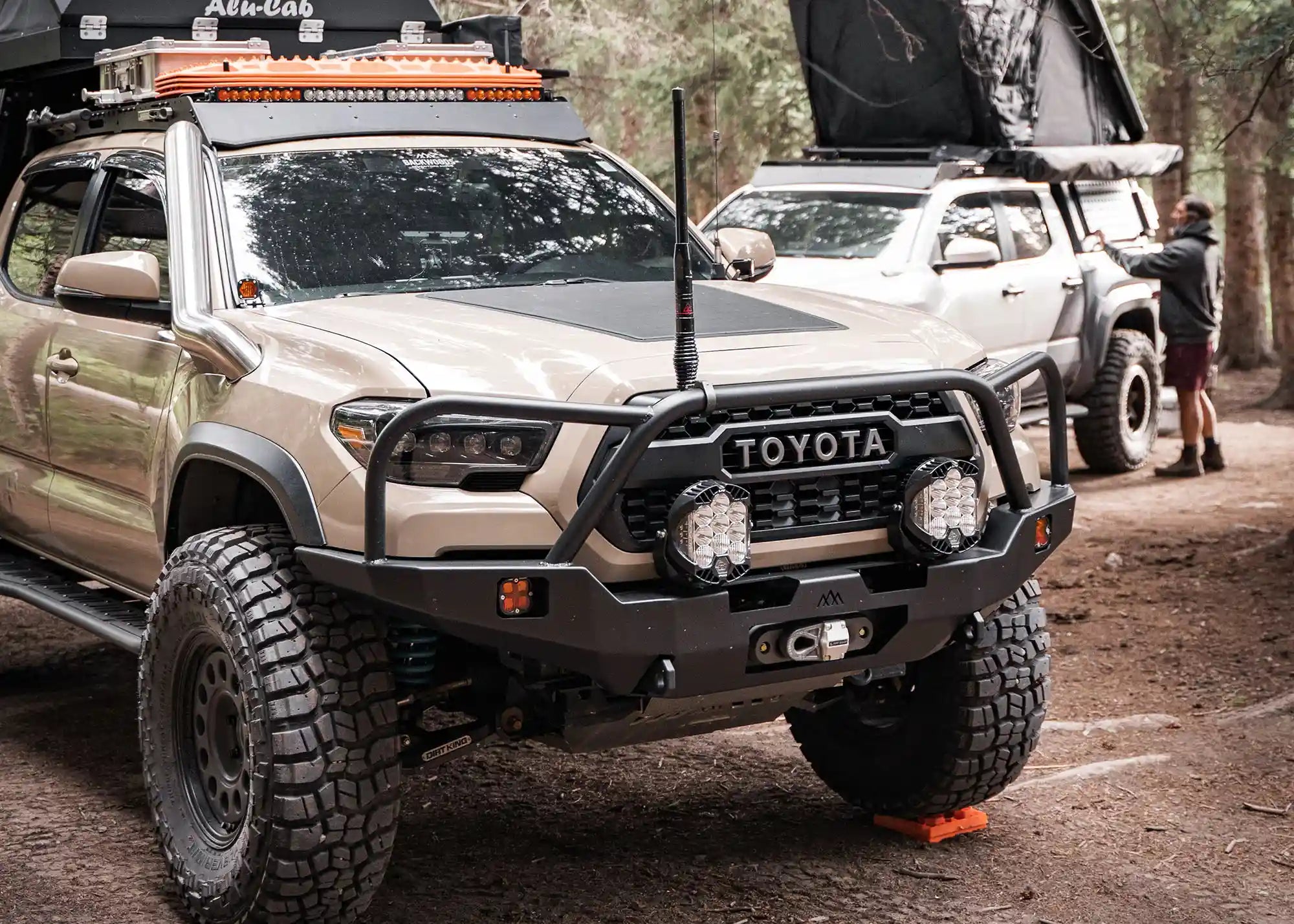 Overland Built 3rd Gen Toyota Tacoma with Backwoods Adventure Mods 2016-2023 Tacoma Front Bumper with Bull Bar installed camping and off roading