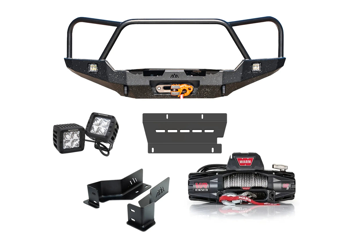 Off Road Front Bumper Kit for 3rd Gen 2016-2023 Toyota Tacoma including Hi-Lite Overland Front Bumper, Warn VR Evo Winch, and Pathfinder off road lights | Backwoods Adventure Mods 
