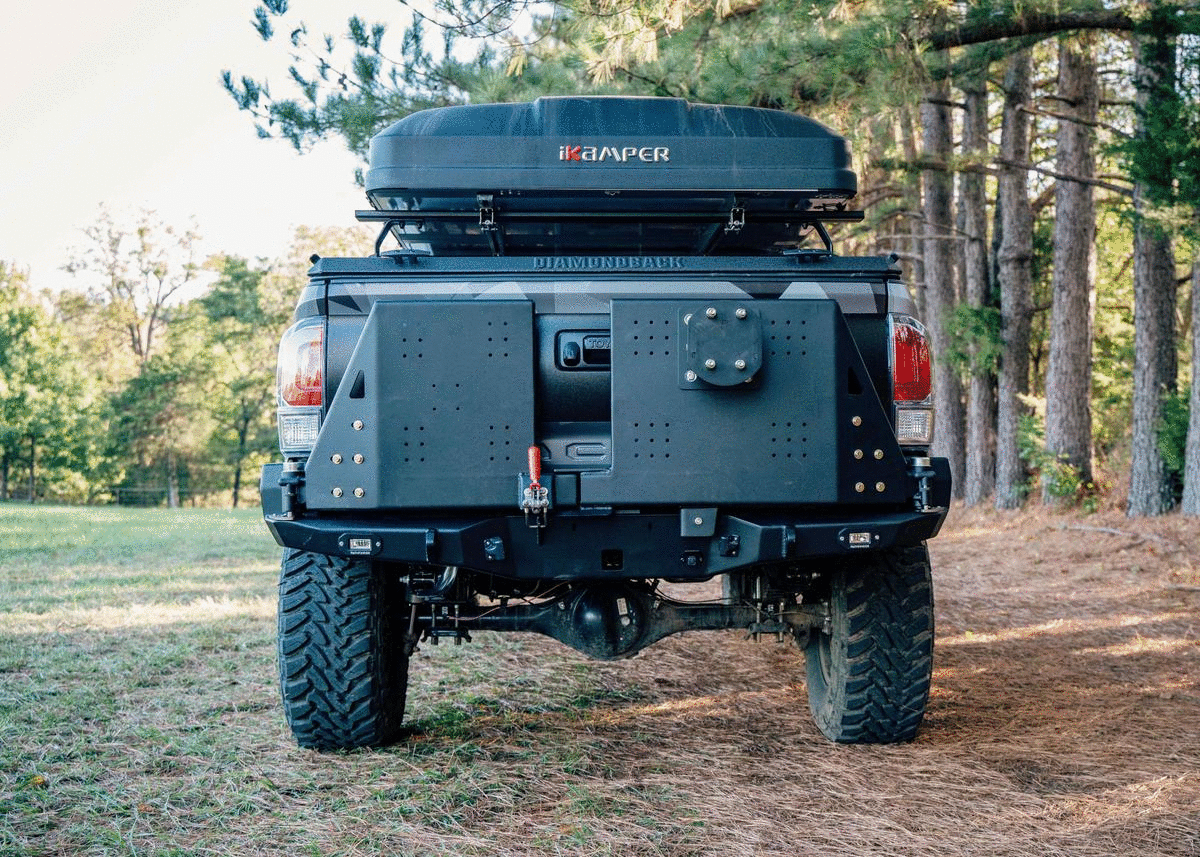 GIF image demonstrating opening and closing of the swing outs on the Backwoods Adventure Mods 2016-2023 3rd Gen Toyota Tacoma Hi-Lite High Clearance Dual Swing Out Rear Bumper 