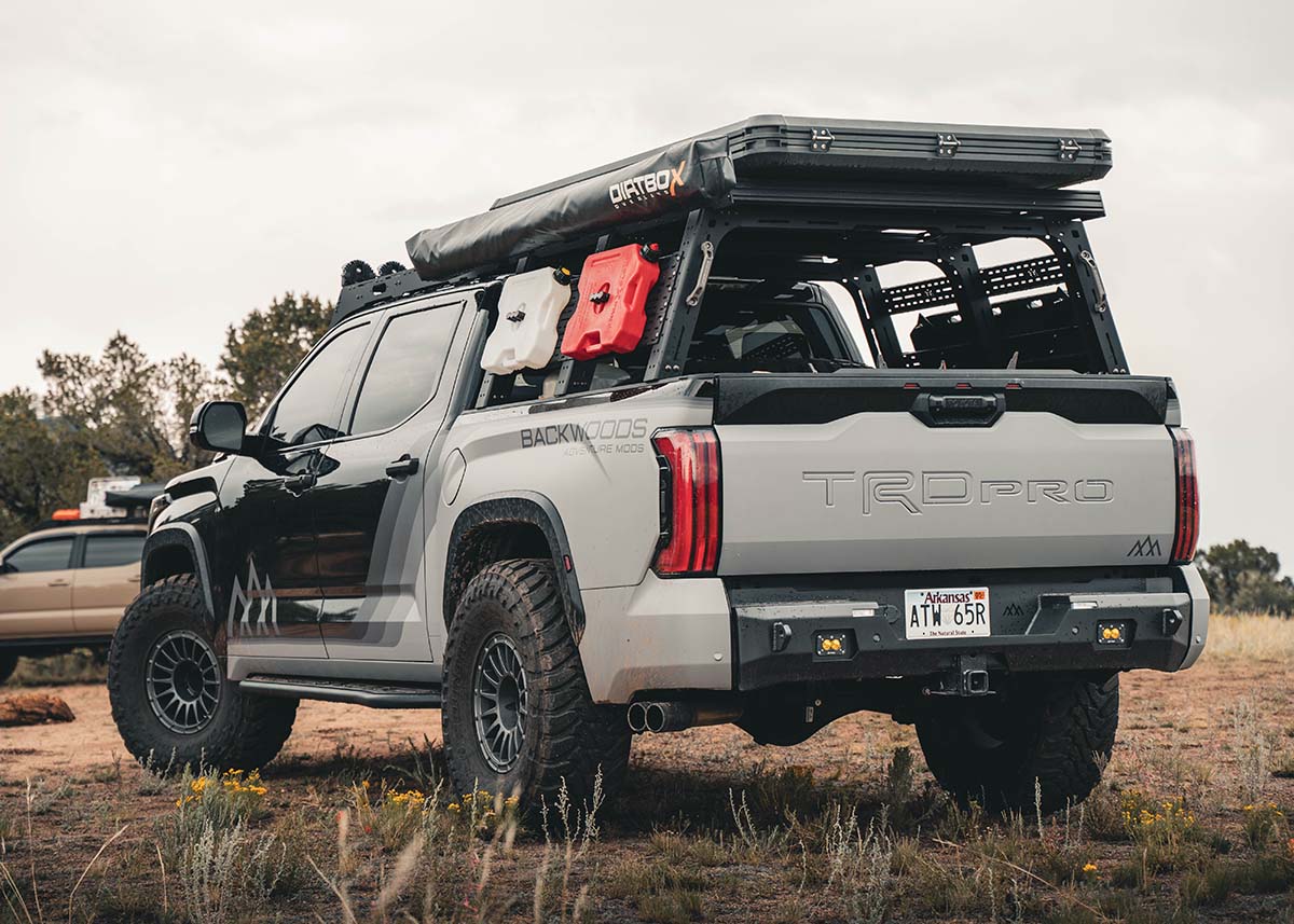 Backwoods Adventure Mods Off Road Rear Bumper installed on a 3rd Gen Toyota Tundra overland truck build