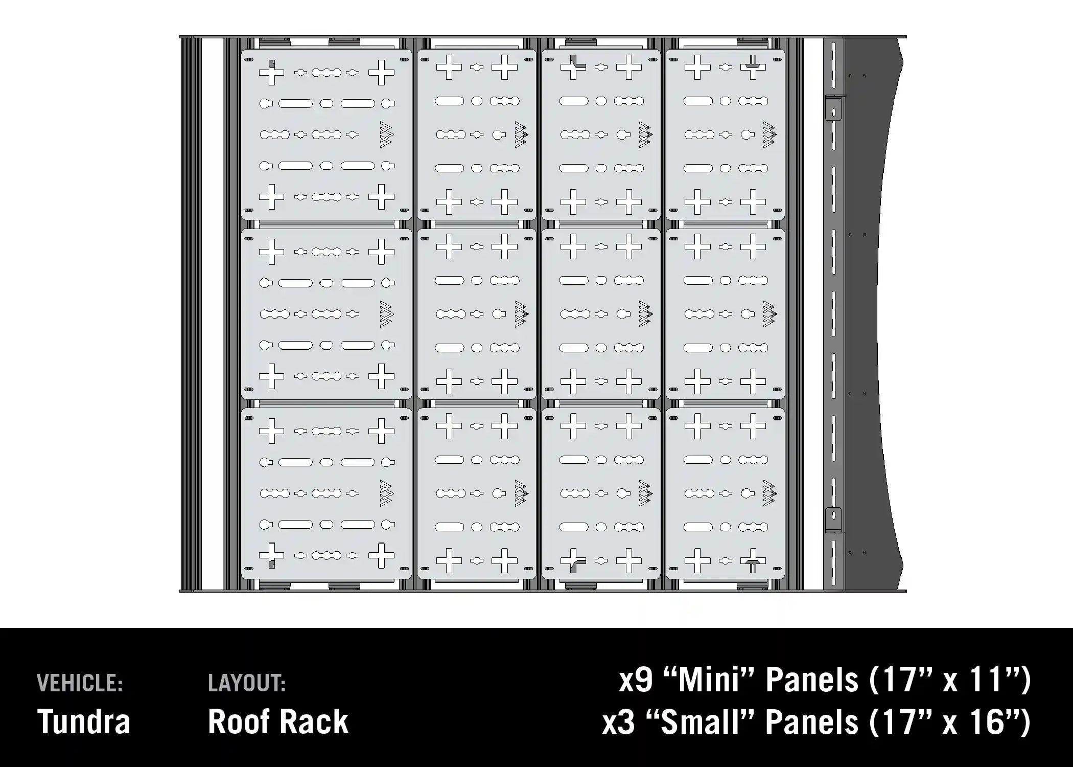 Diagram showing the optional deck plate accessory layout for the 3rd Gen Toyota Tundra DRIFTR roof rack by Backwoods Adventure Mods