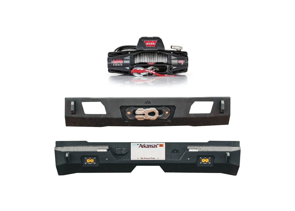 Backwoods Adventure Mods Expedition off road kit for the 2022+ 3rd Gen Toyota Tundra, including front and rear high-clearance off road bumpers and a Warn VR Evo 12s winch