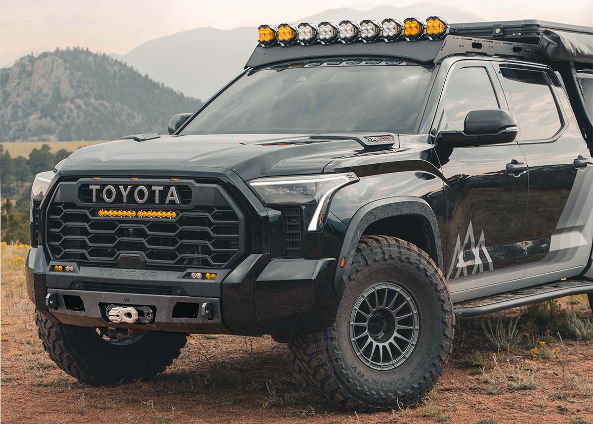Image showing the driver-side of the Backwoods Adventure Mods 3rd Gen Tundra Front Bumper for 2022 2023 2024 2025 models